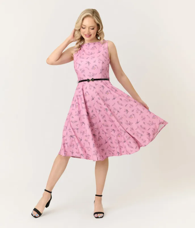 Voodoo Vixen Pink Cats & Books Swing Dress sold by Unique Vintage