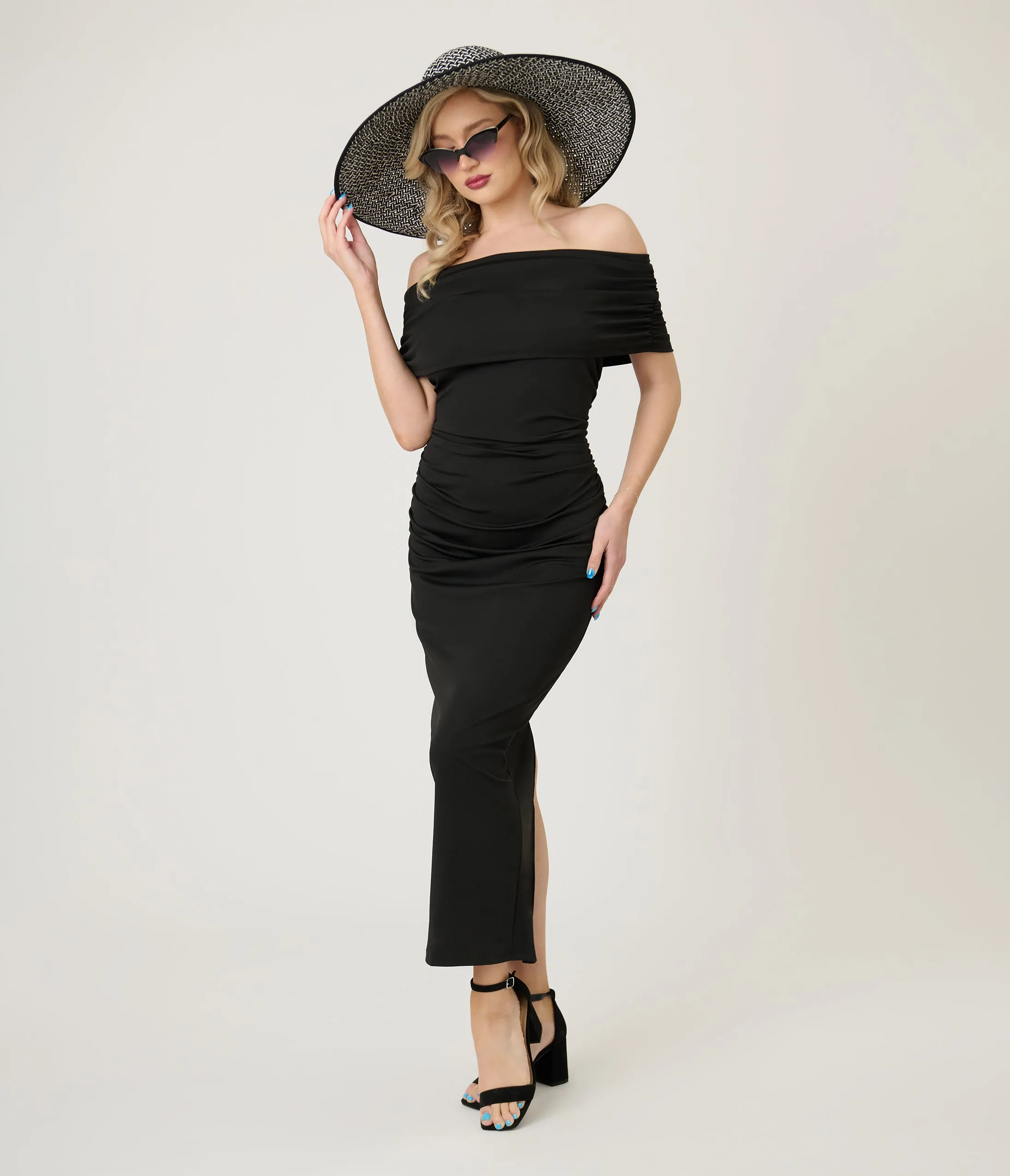 Black Spring Off The Shoulder Ruched Maxi Dress sold by Unique Vintage