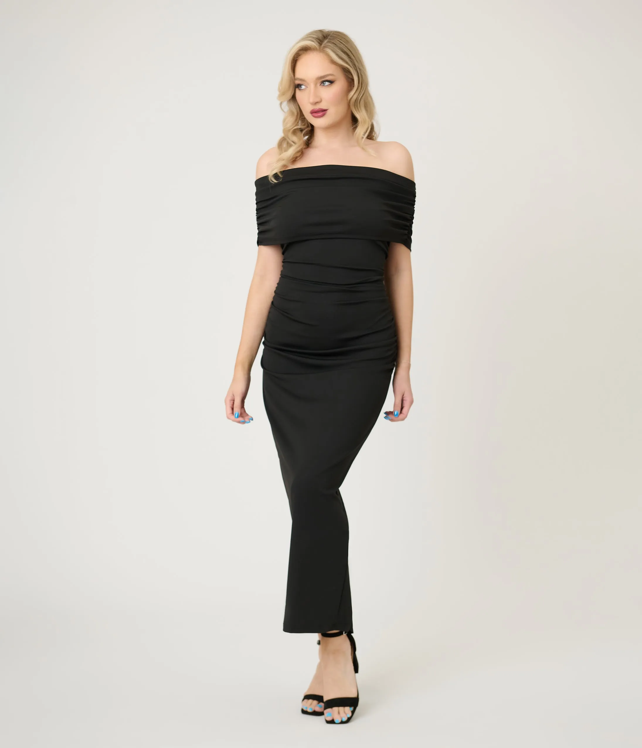 Black Spring Off The Shoulder Ruched Maxi Dress sold by Unique Vintage product image thumbnail 5