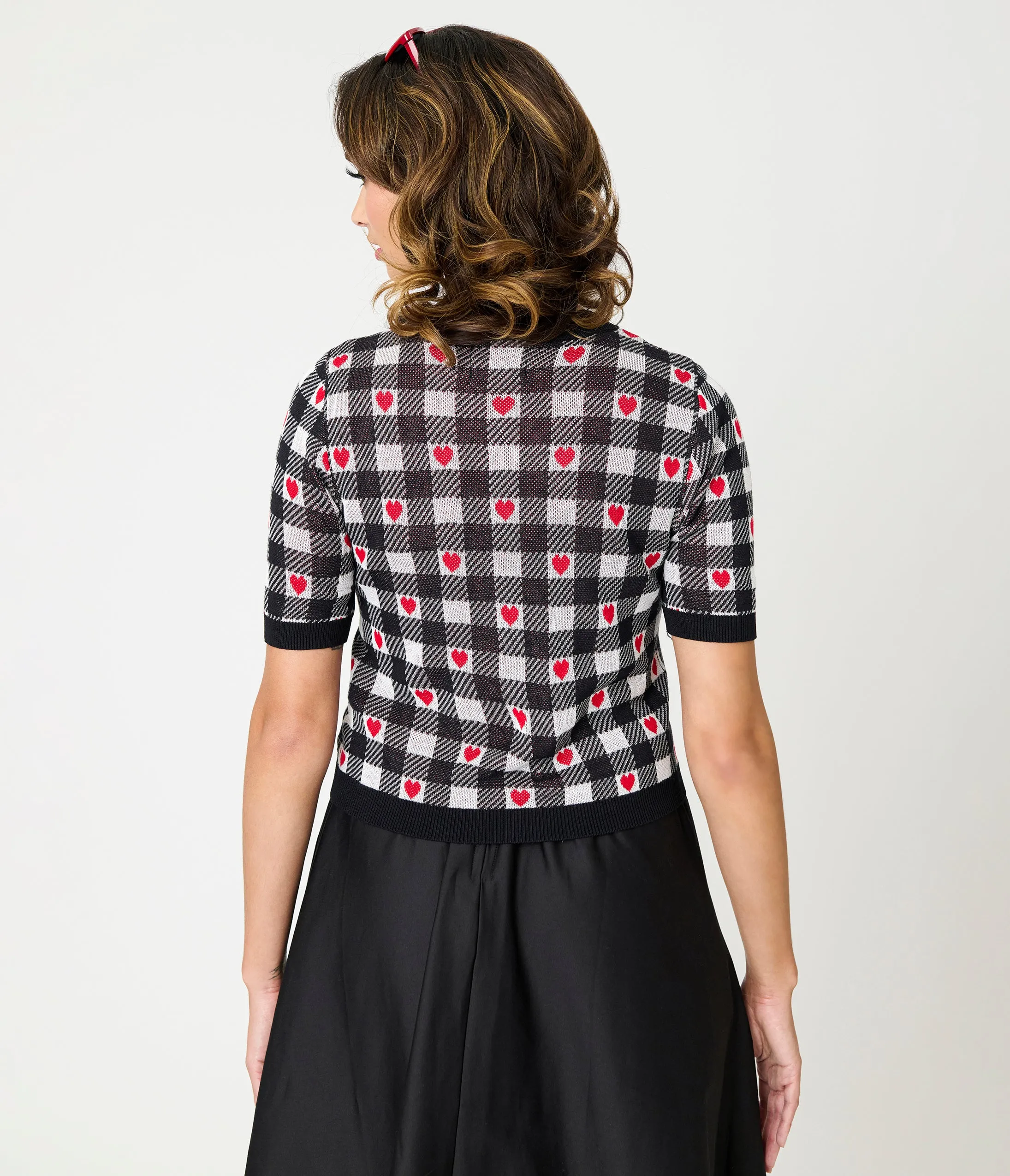 Hell Bunny Black & White Gingham Red Heart Cropped Cardigan sold by Unique Vintage product image thumbnail 3