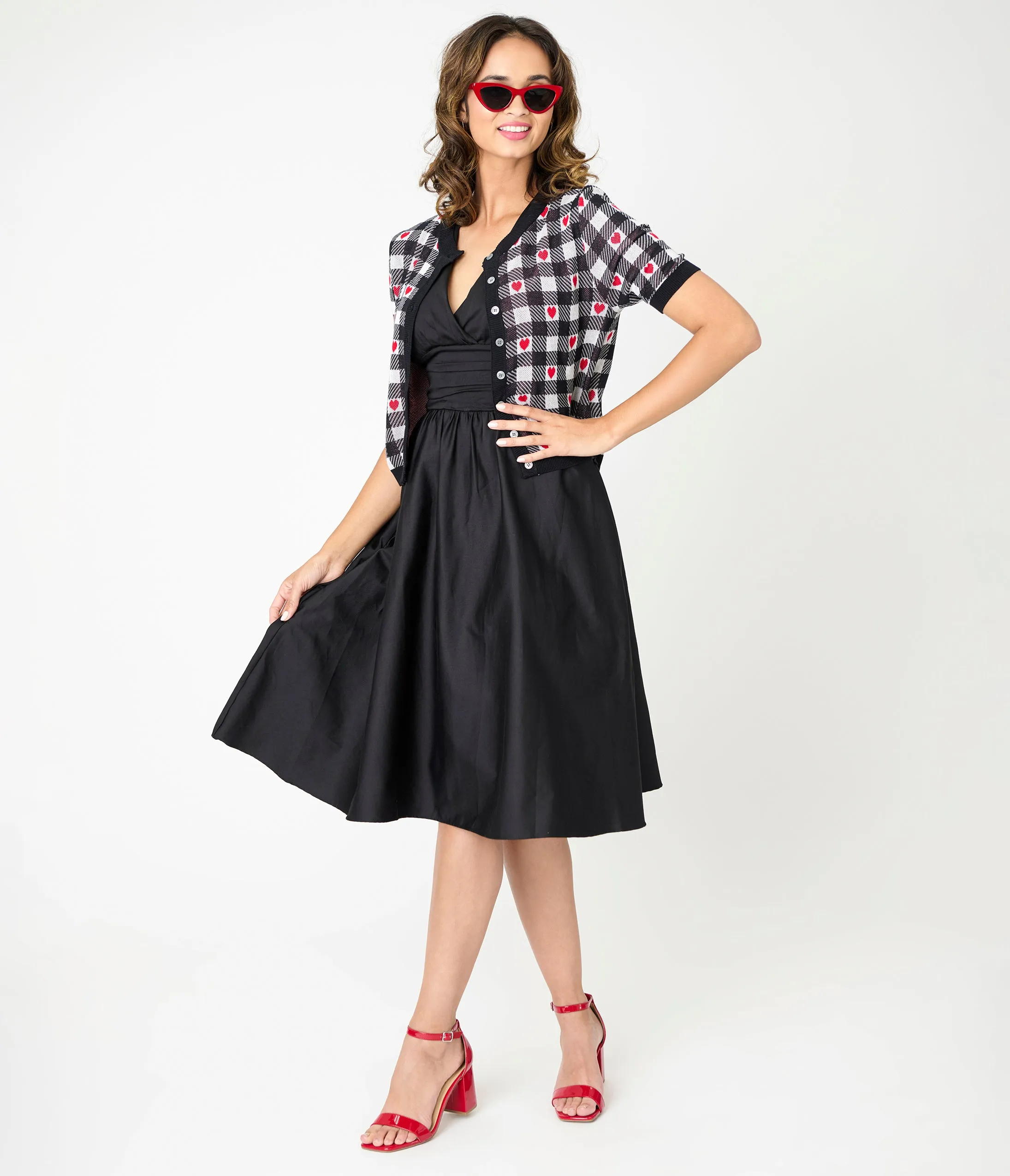 Hell Bunny Black & White Gingham Red Heart Cropped Cardigan sold by Unique Vintage product image thumbnail 4