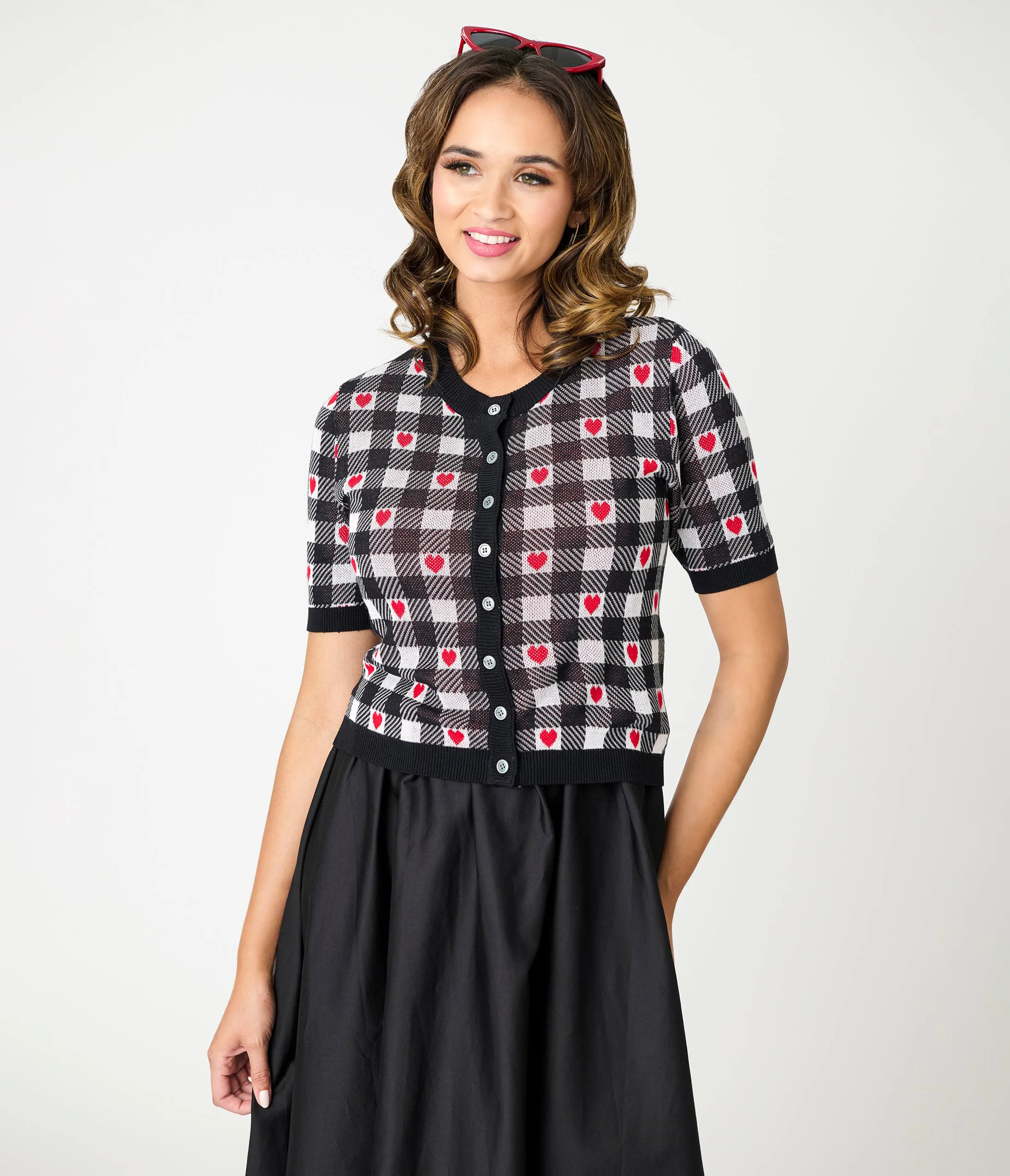 Hell Bunny Black & White Gingham Red Heart Cropped Cardigan sold by Unique Vintage