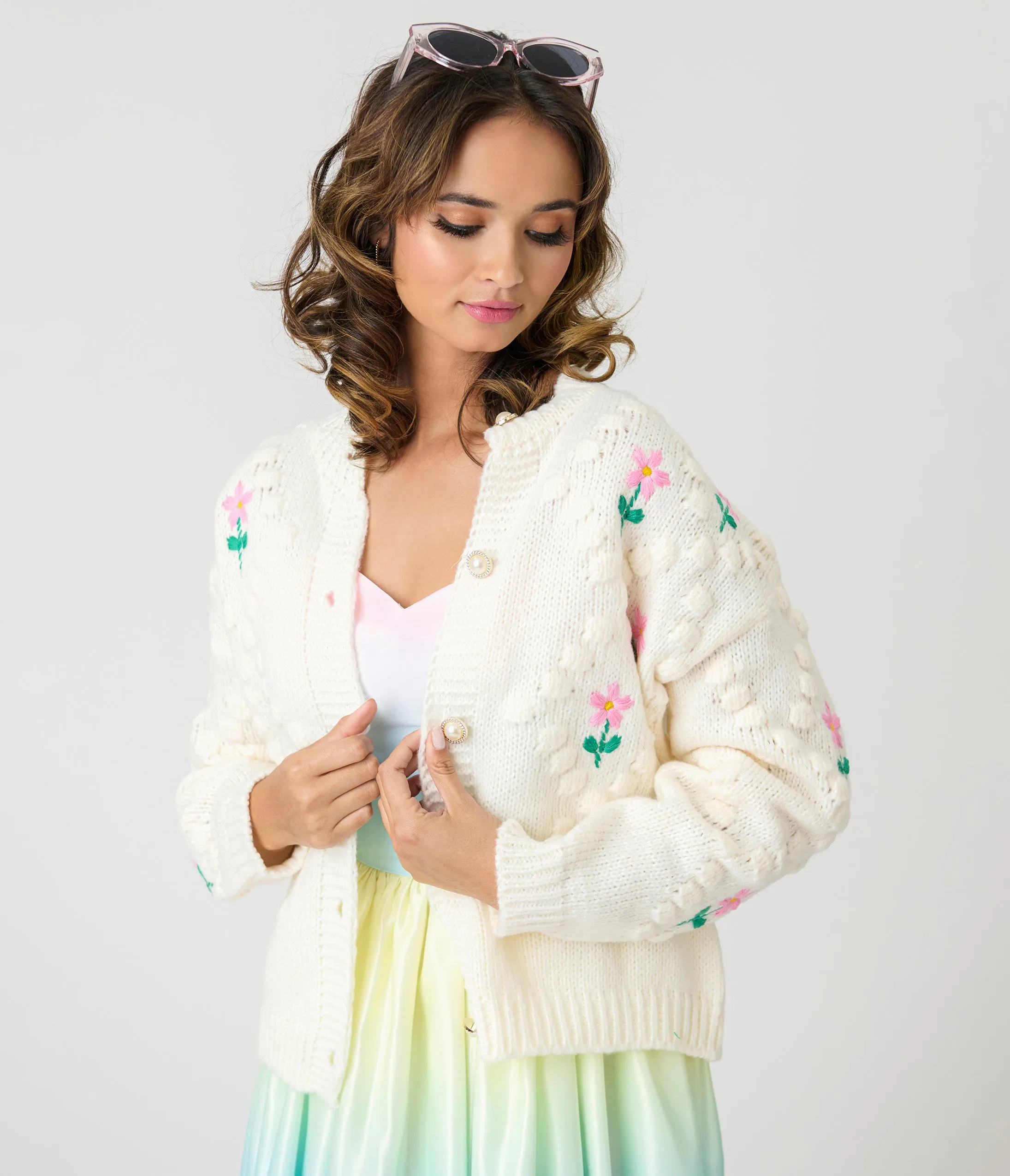 Ivory & Pink Floral Hand-Hooked Embroidered Knit Cardigan sold by Unique Vintage product image thumbnail 4