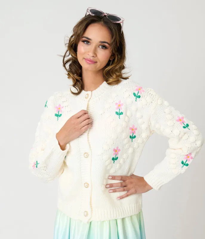 Ivory & Pink Floral Hand-Hooked Embroidered Knit Cardigan sold by Unique Vintage