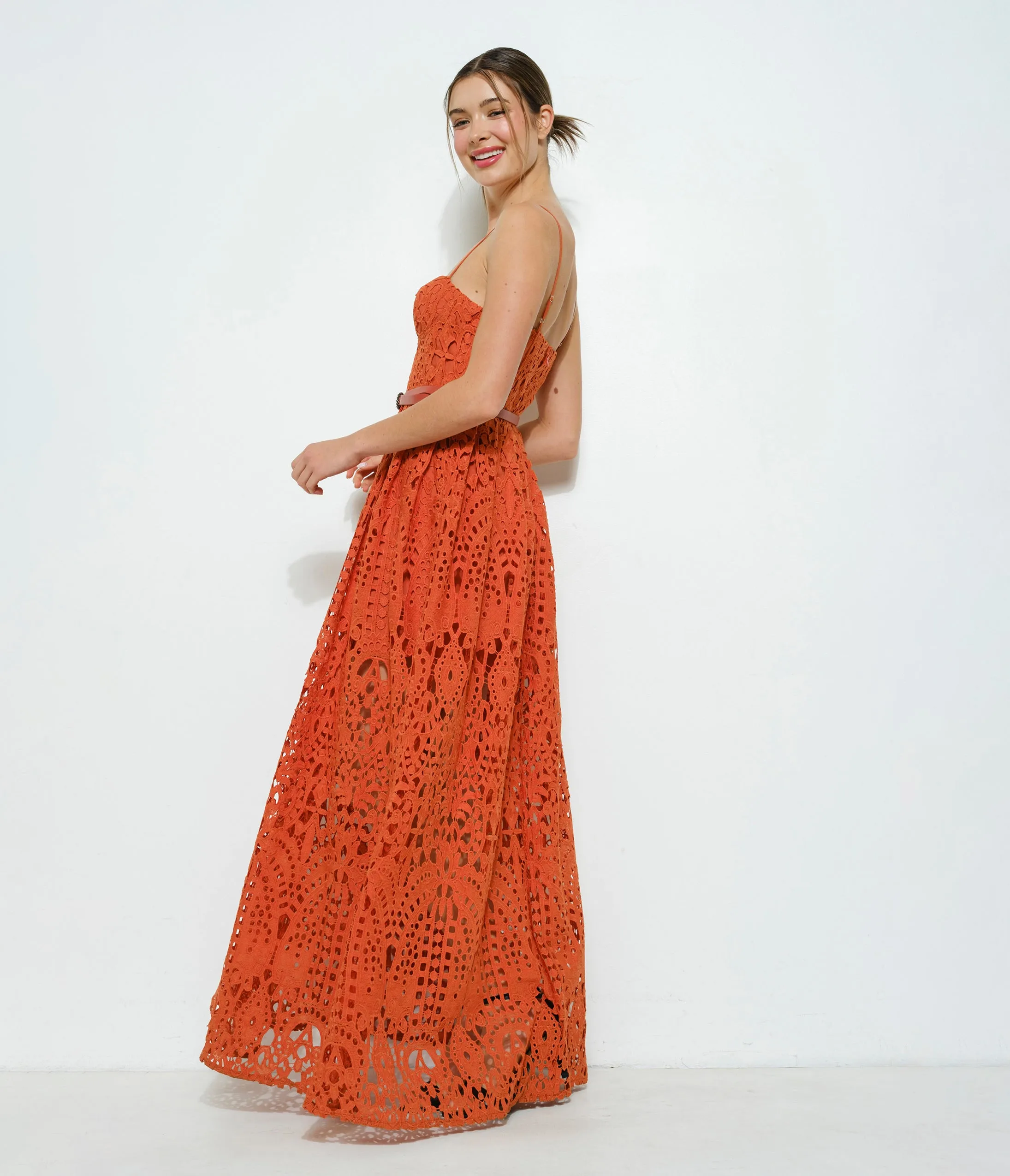 Orange Brown Lace Belted Maxi Dress sold by Unique Vintage product image thumbnail 3
