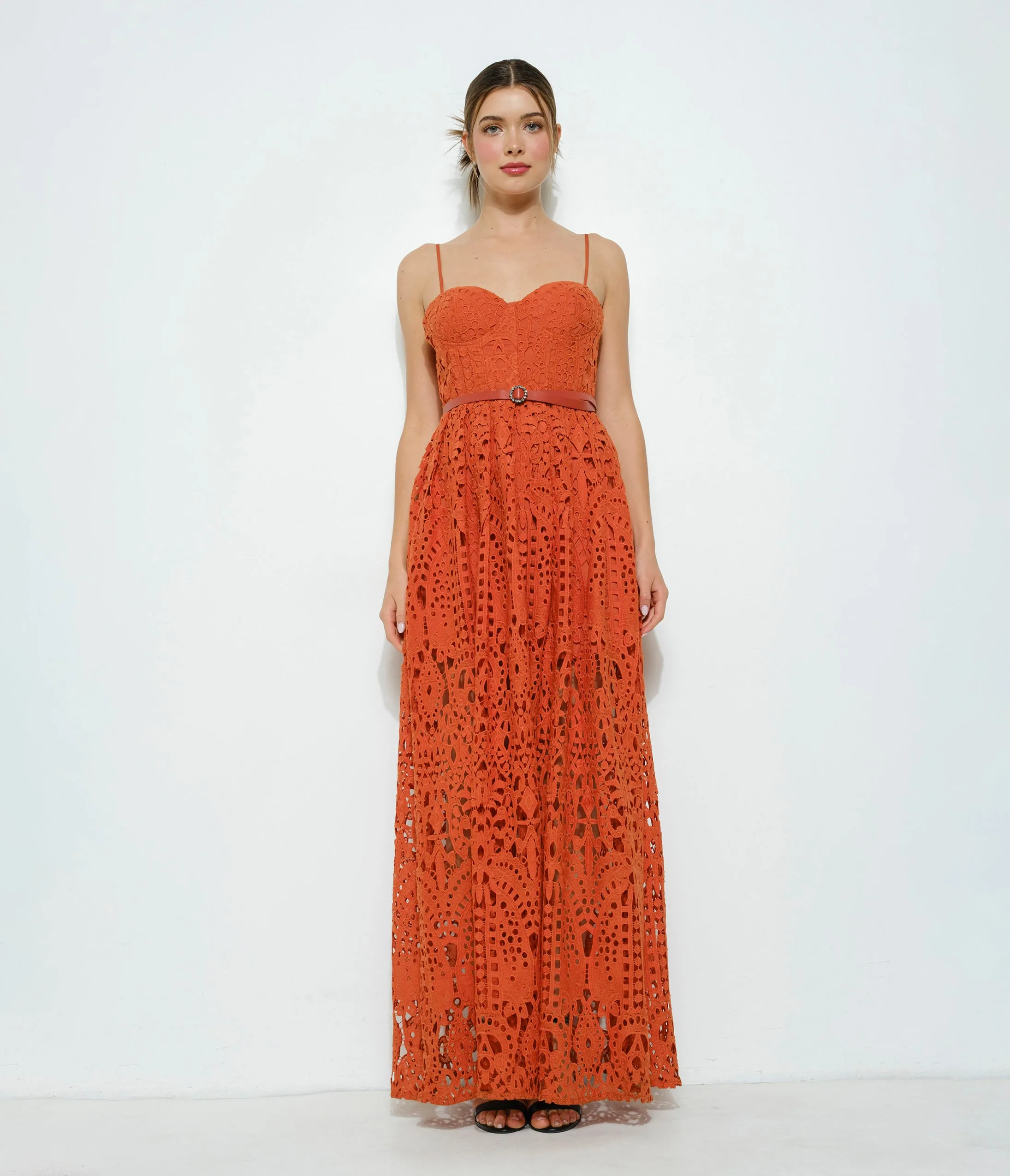 Orange Brown Lace Belted Maxi Dress sold by Unique Vintage