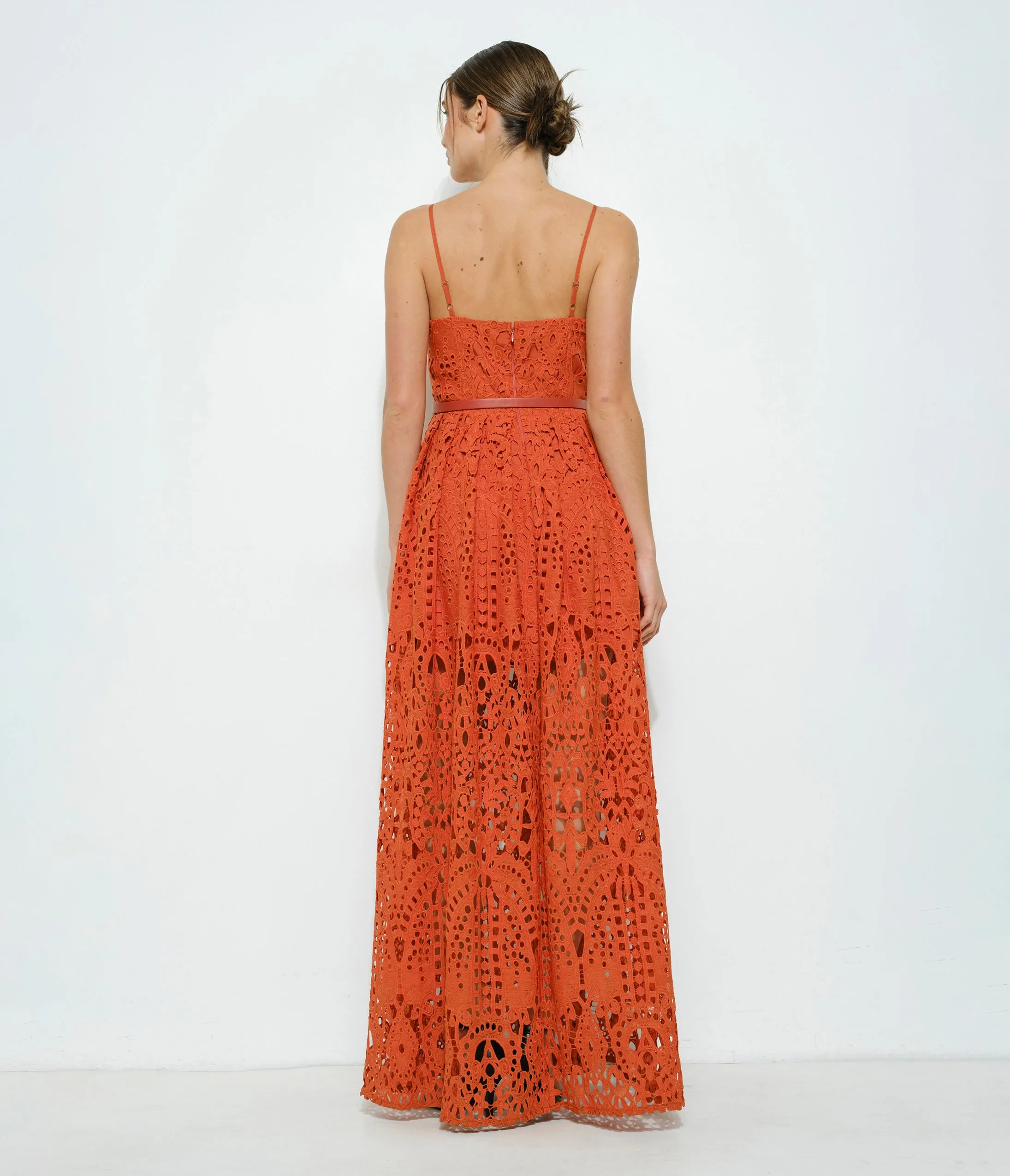 Orange Brown Lace Belted Maxi Dress sold by Unique Vintage product image thumbnail 2