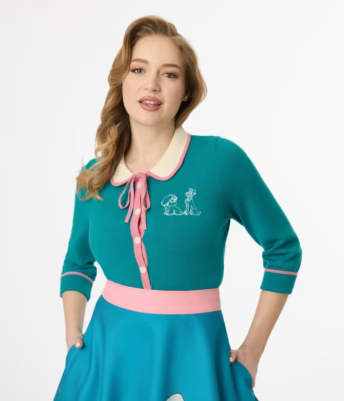 Disney's The Lady & The Tramp Collection by Unique Vintage Teal Embroidered Cardigan sold by Unique Vintage