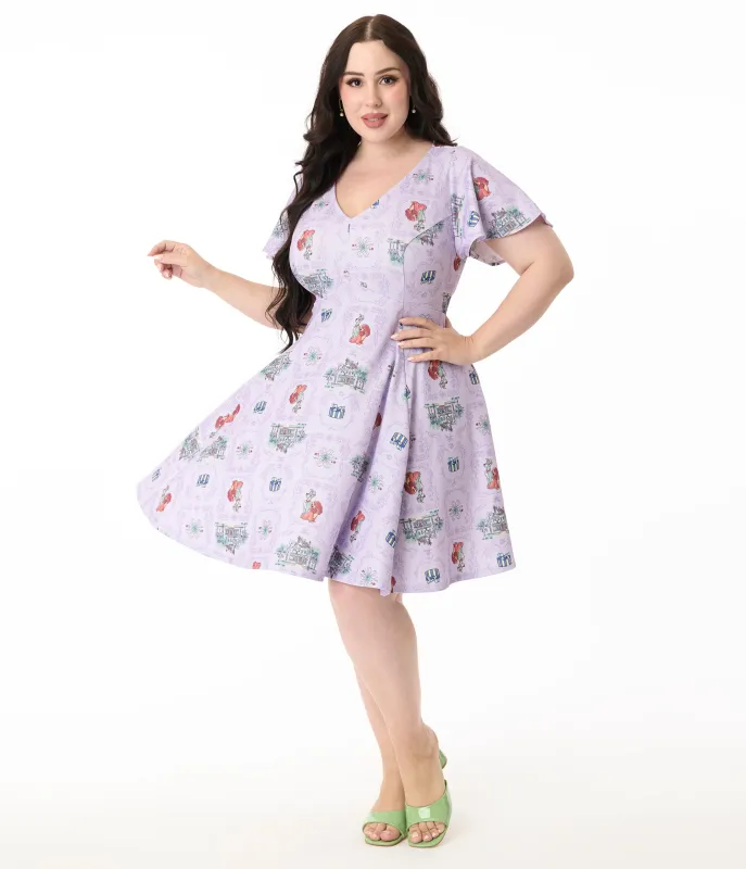 Disney's The Lady & The Tramp Collection by Unique Vintage Plus Size Lavender Lady & Tramp Print Flare Dress sold by Unique Vintage