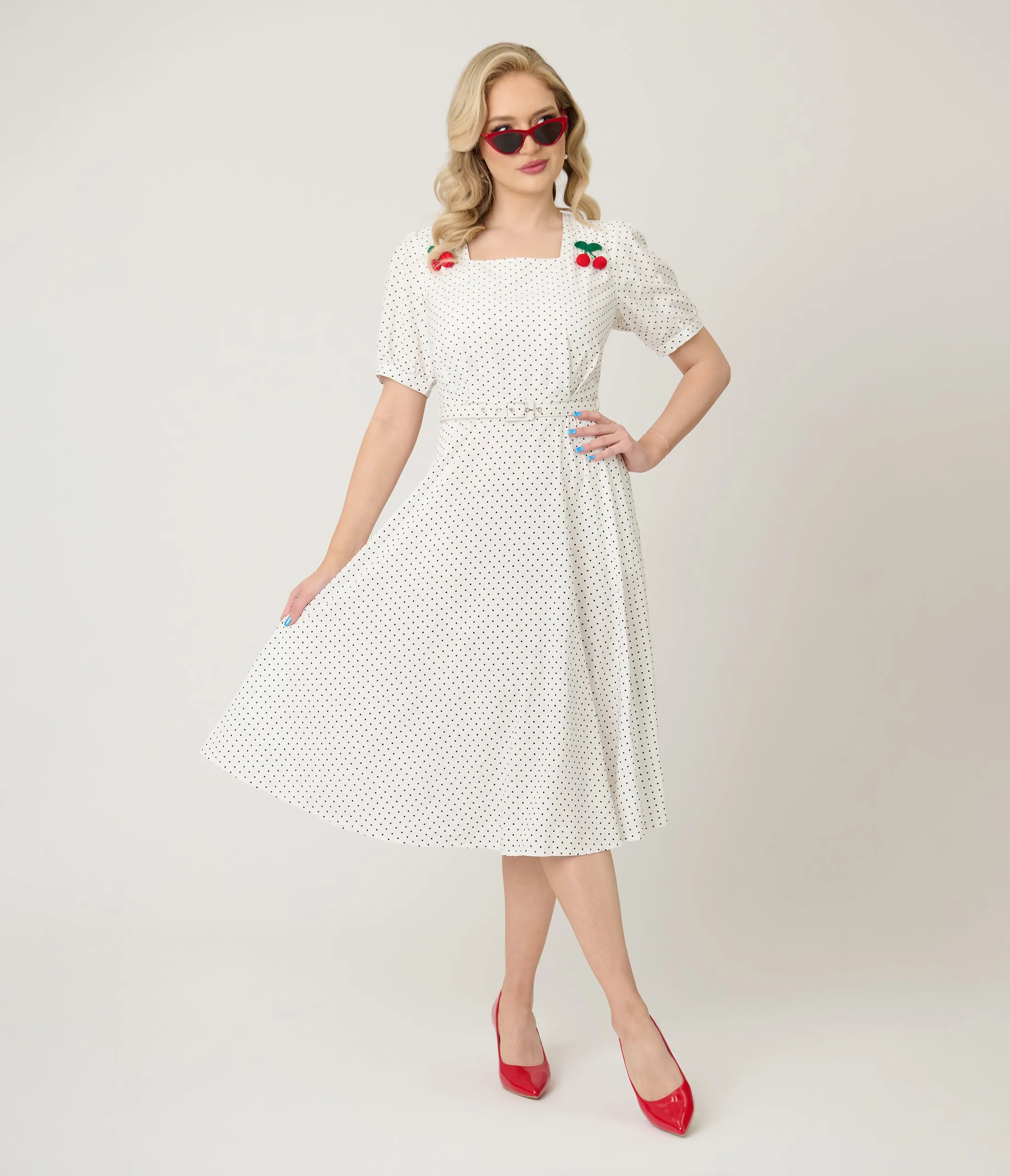 Royal Monk White & Black Polka Dot Cherry Danny Sweet Spot Midi Dress sold by Unique Vintage