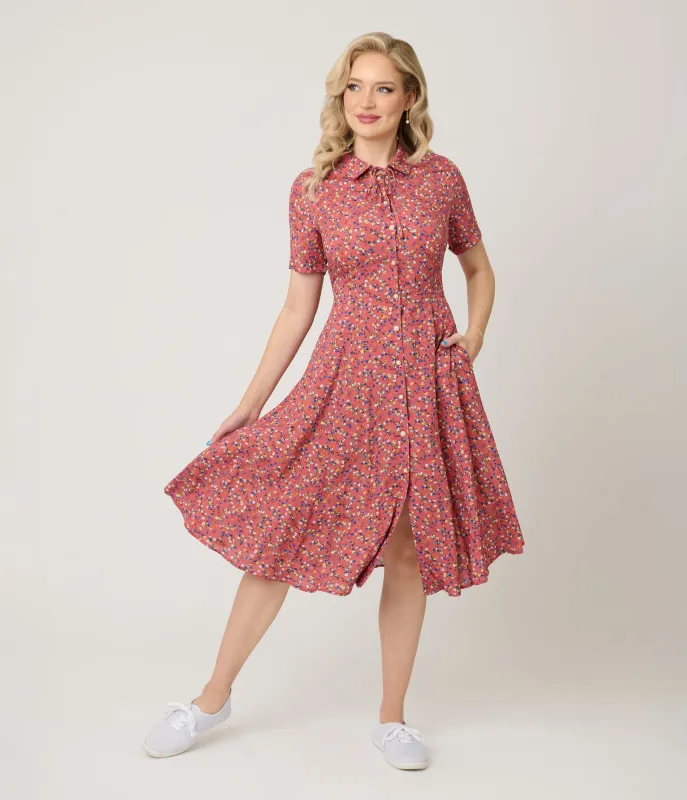 Royal Monk Coral Spring Floral Midi Dress sold by Unique Vintage