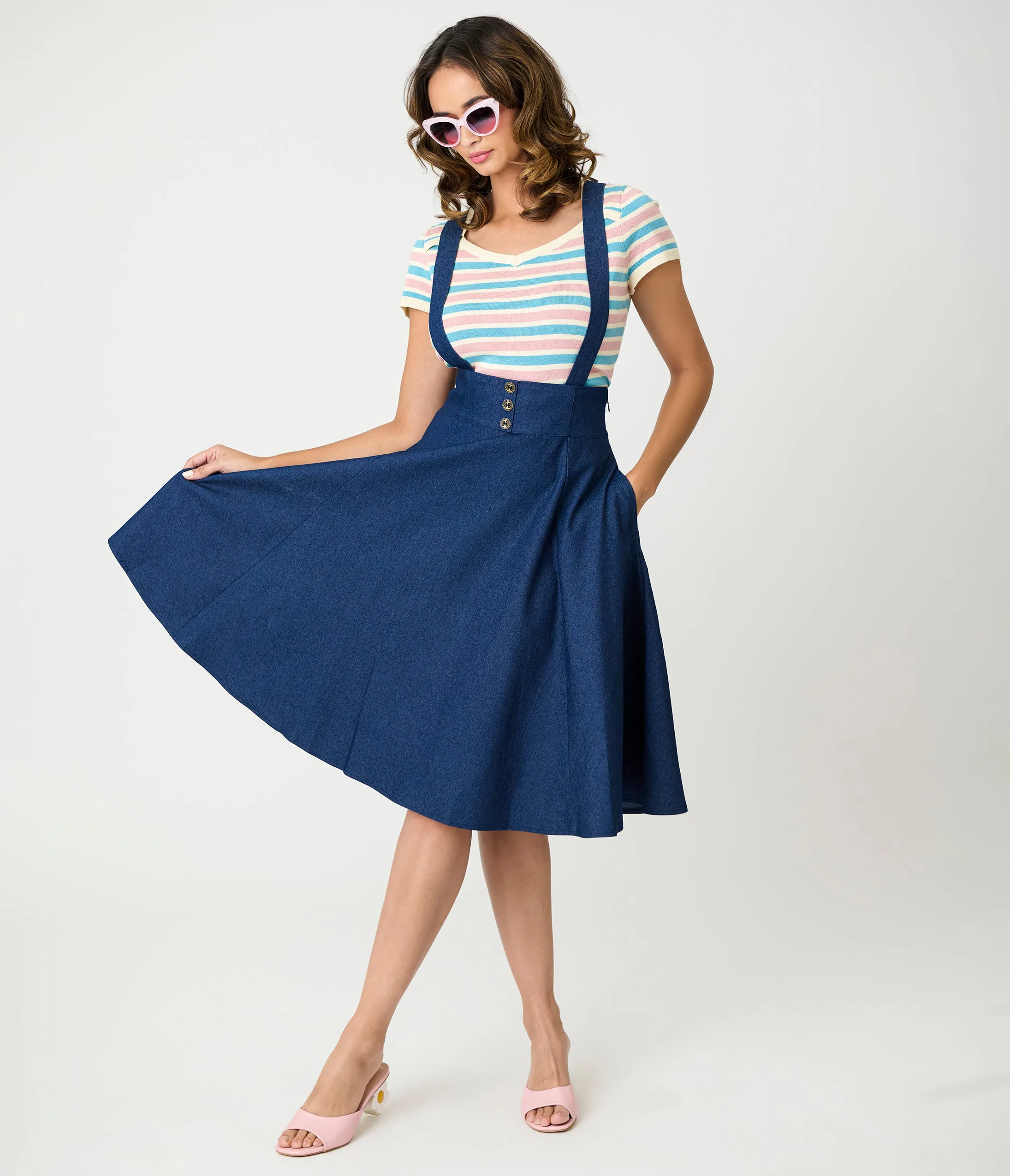 Royal Monk Dark Blue Denim Dottie Swing Skirt sold by Unique Vintage