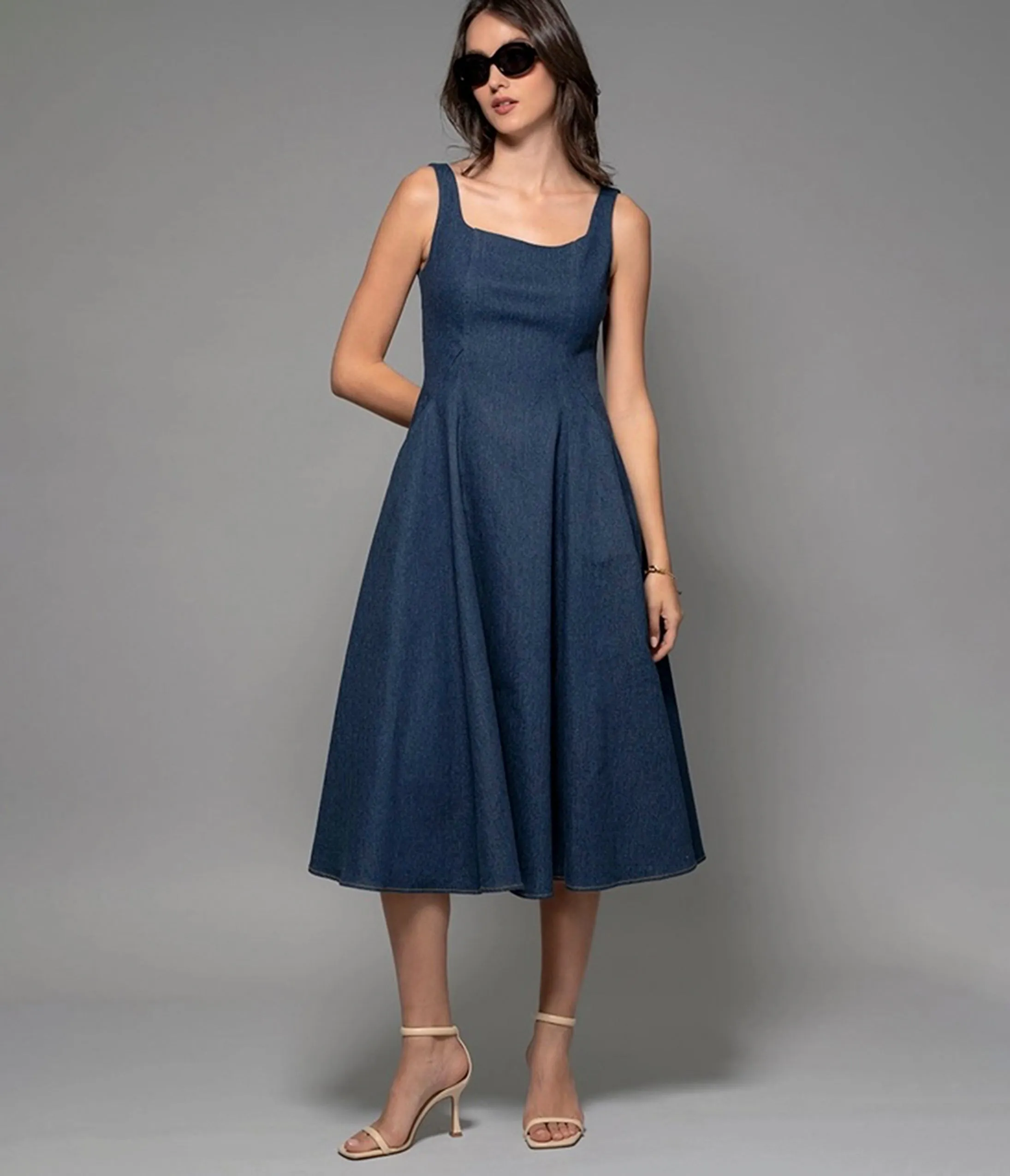 Denim Square Neck A-Line Midi Dress sold by Unique Vintage product image thumbnail 3