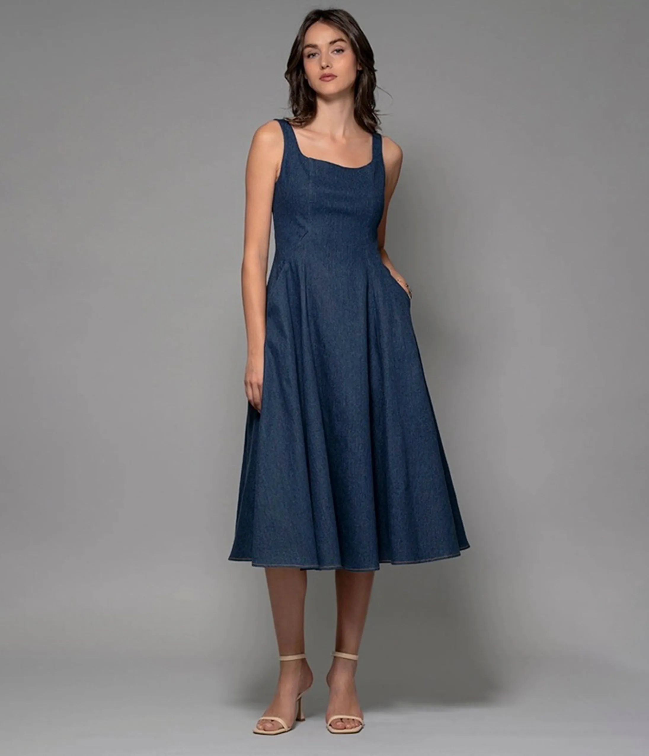 Denim Square Neck A-Line Midi Dress sold by Unique Vintage