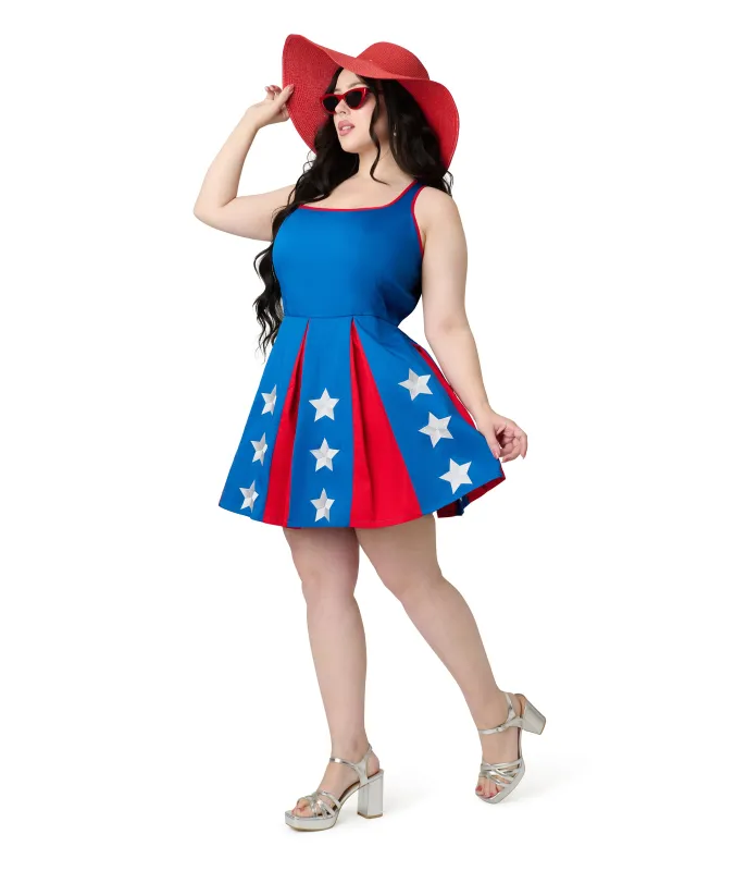Smak Parlour Plus Size Red, Blue, & White Star Pleated Skirted Romper sold by Unique Vintage