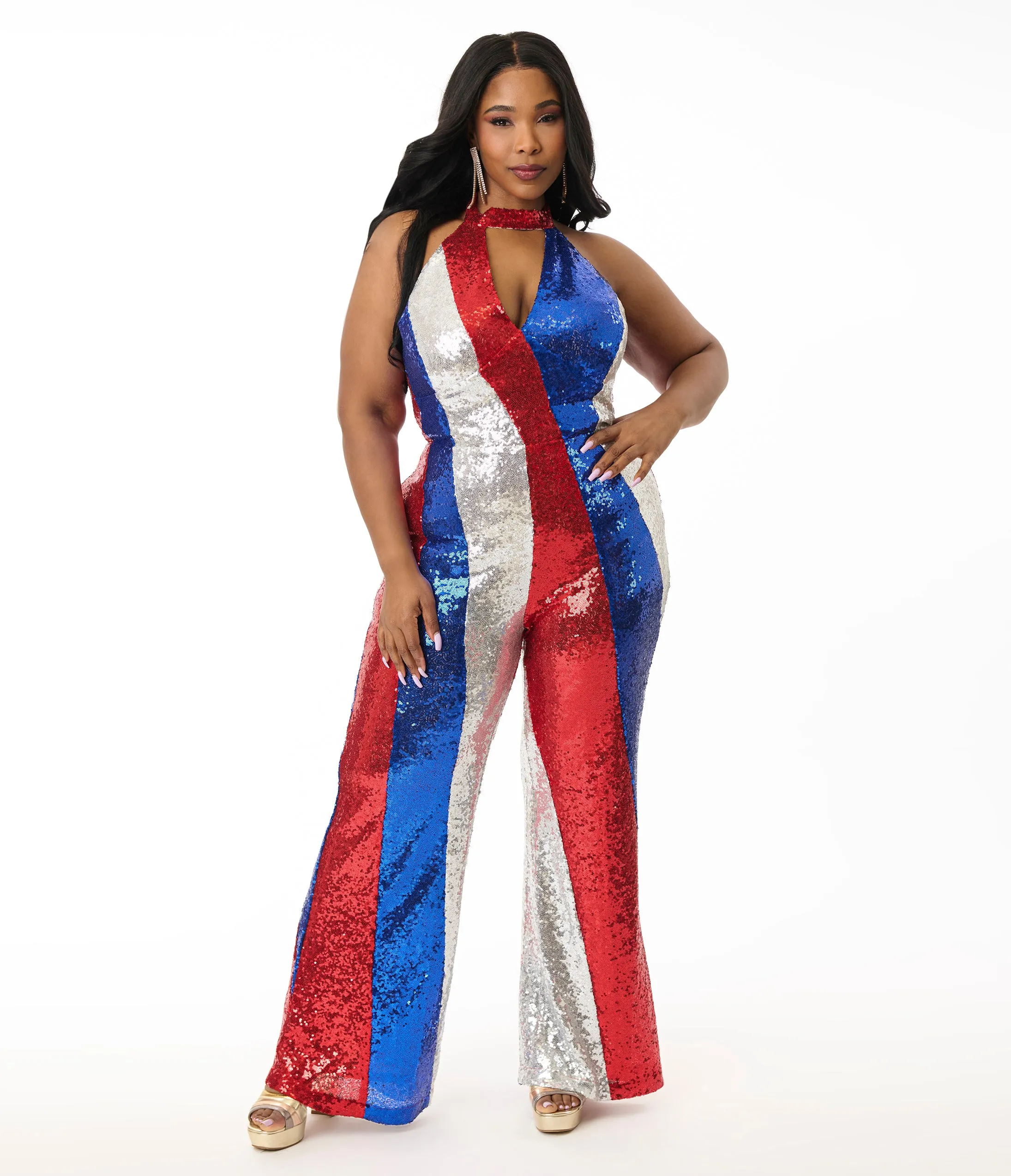 Smak Parlour Plus Size Red, Silver, & Blue Sequin Glamour Goddess Jumpsuit sold by Unique Vintage