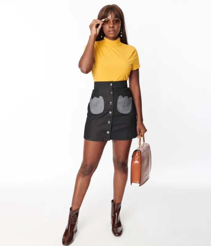 Smak Parlour Black Denim Tulip Patch Pocket Skirt sold by Unique Vintage