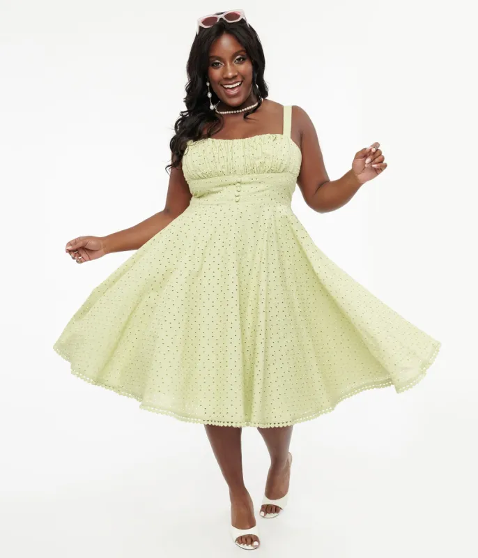 Plus Size 1950s Sage Green Eyelet Cotton Valerie Dress sold by Unique Vintage