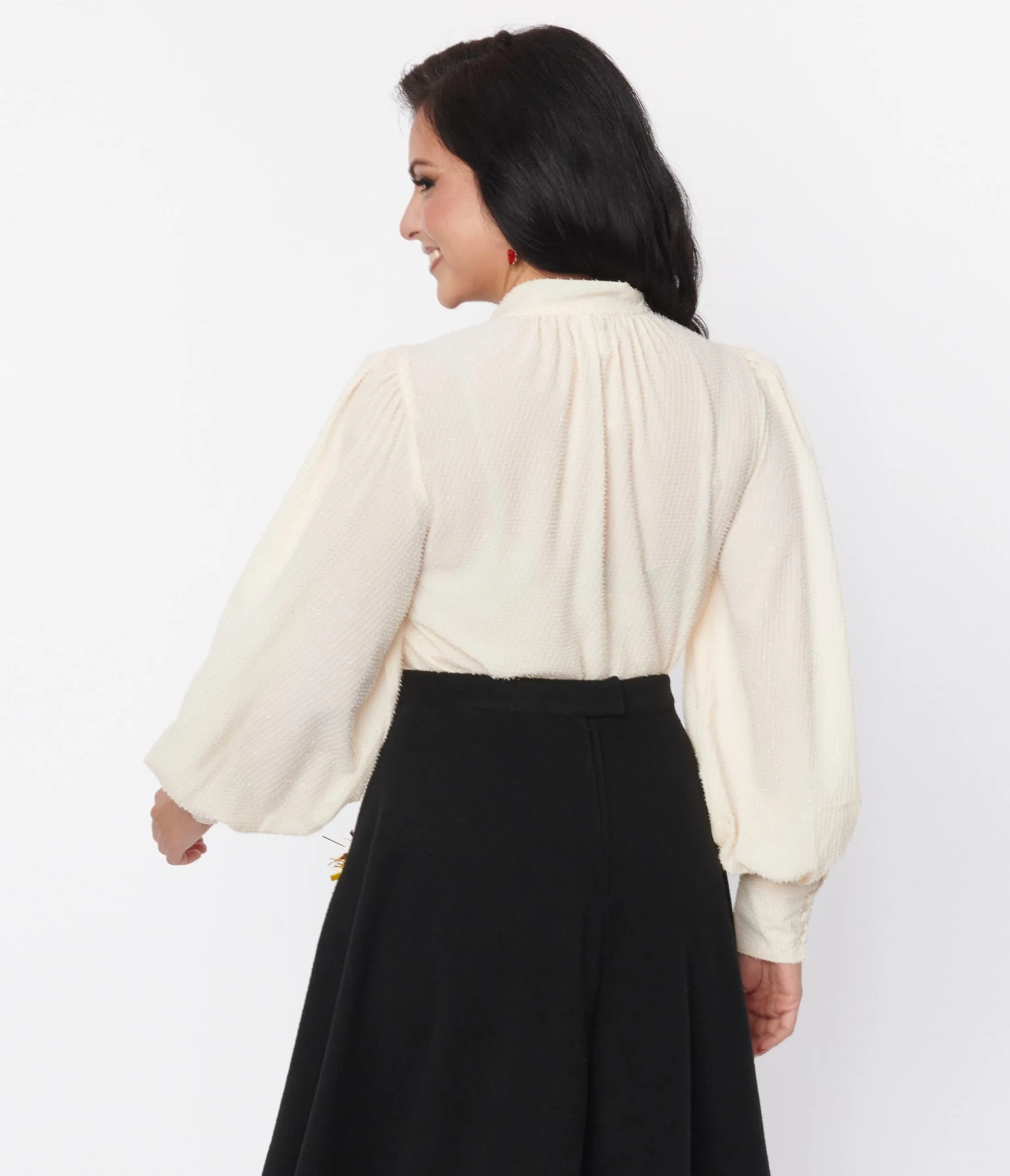 Unique Vintage 1940s Ivory Clip Dot Long Sleeve Bow Blouse sold by Unique Vintage product image thumbnail 3