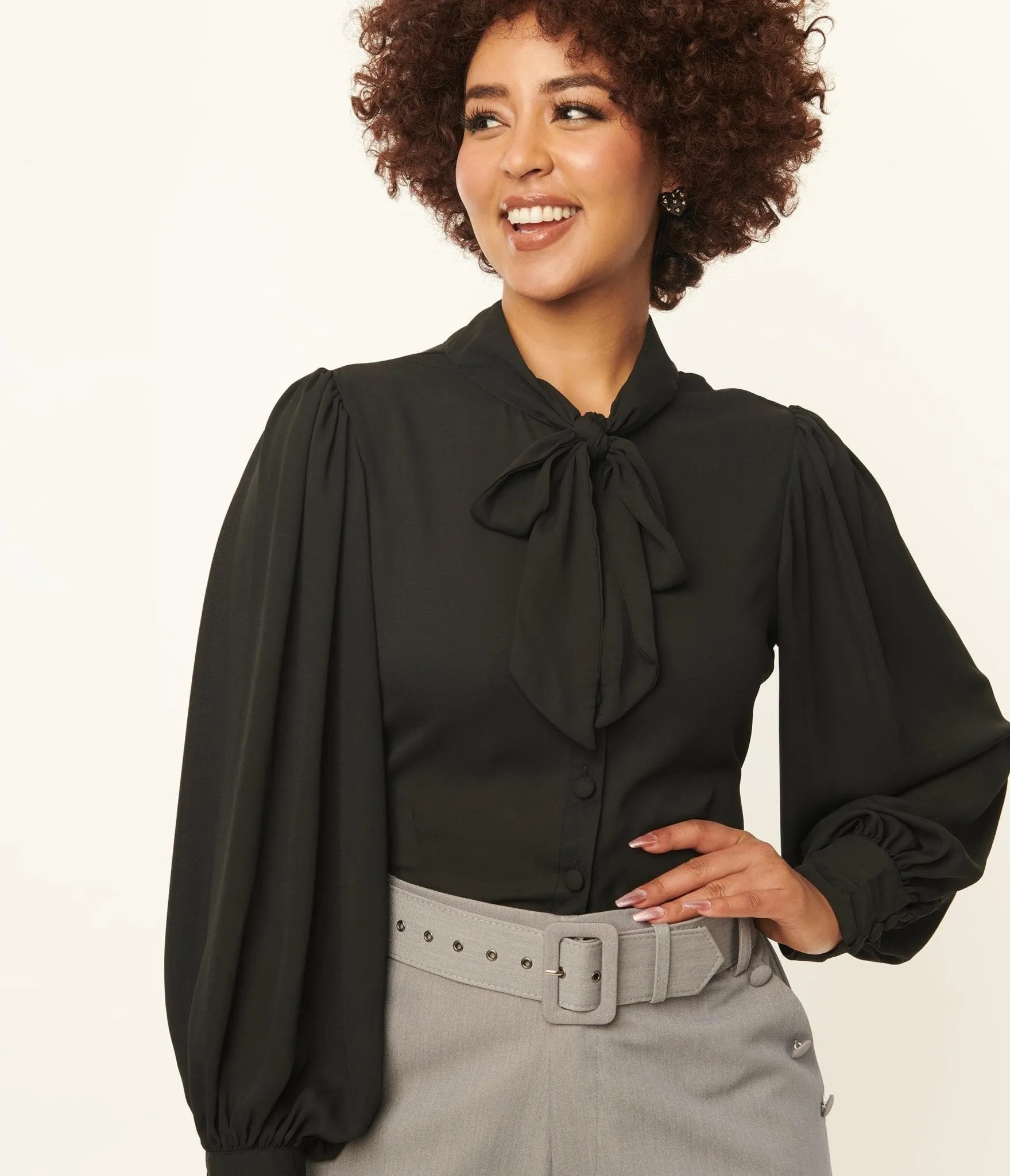 Unique Vintage 1940s Black Neck Tie Gwen Blouse sold by Unique Vintage product image thumbnail 3
