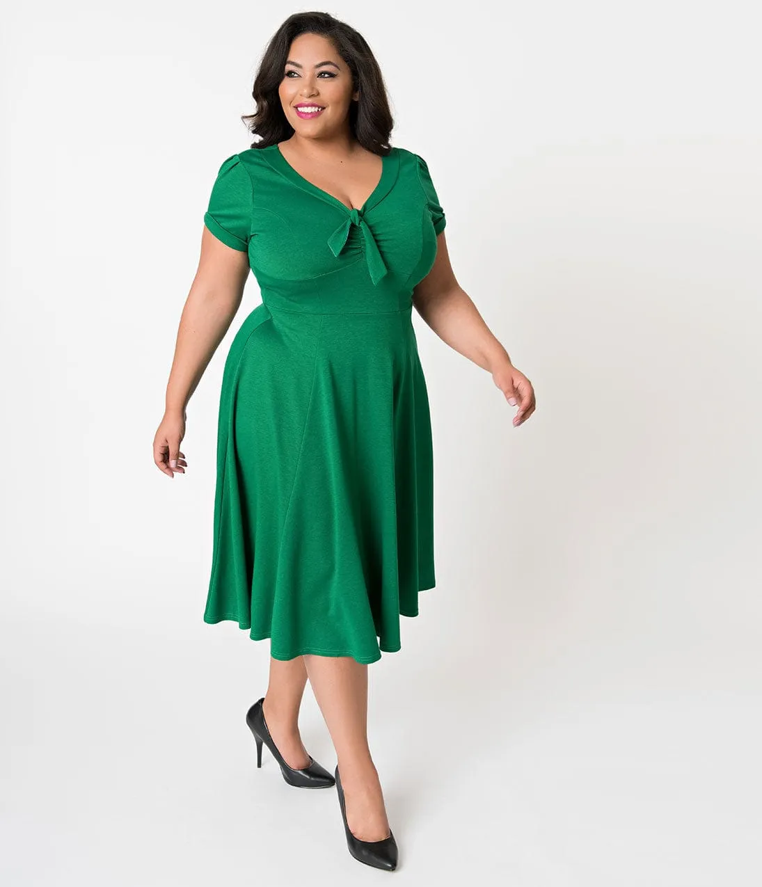 Unique Vintage Plus Size 1940s Style Green Knit Short Sleeve Natalie Swing Dress sold by Unique Vintage