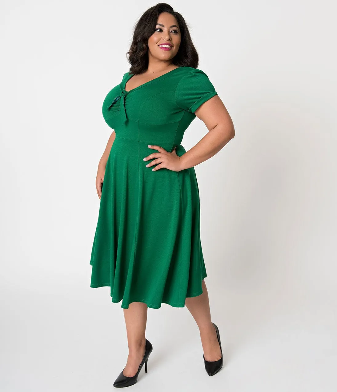 Unique Vintage Plus Size 1940s Style Green Knit Short Sleeve Natalie Swing Dress sold by Unique Vintage product image thumbnail 5