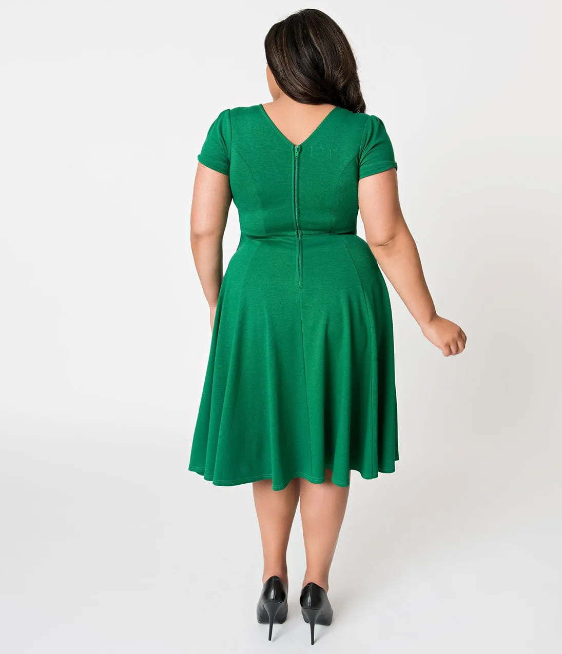 Unique Vintage Plus Size 1940s Style Green Knit Short Sleeve Natalie Swing Dress sold by Unique Vintage product image thumbnail 2