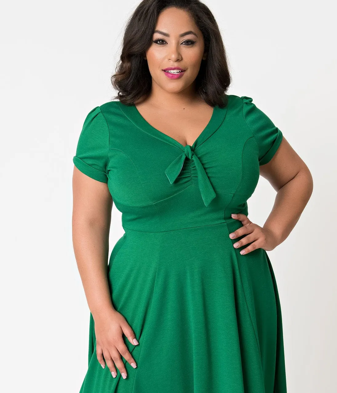 Unique Vintage Plus Size 1940s Style Green Knit Short Sleeve Natalie Swing Dress sold by Unique Vintage product image thumbnail 3