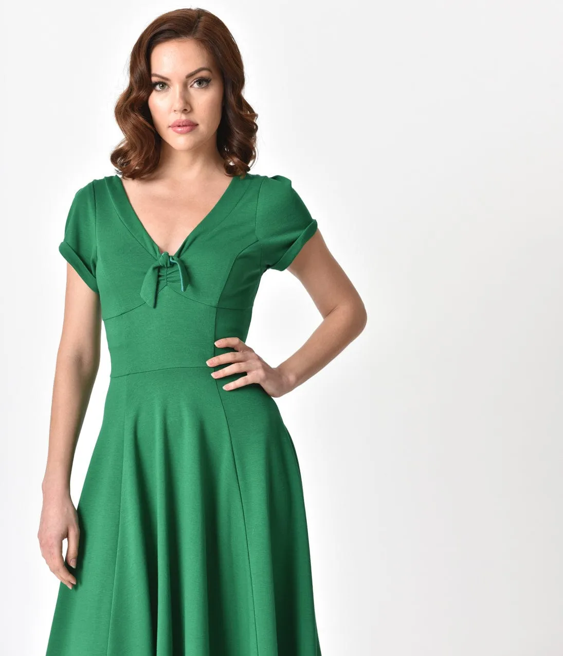 Unique Vintage 1940s Style Green Knit Short Sleeve Natalie Swing Dress sold by Unique Vintage product image thumbnail 3