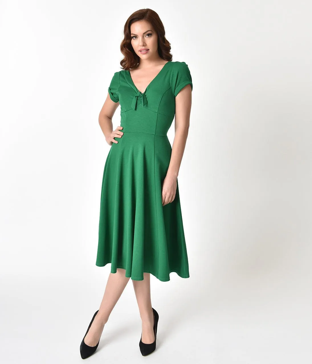 Unique Vintage 1940s Style Green Knit Short Sleeve Natalie Swing Dress sold by Unique Vintage product image thumbnail 4