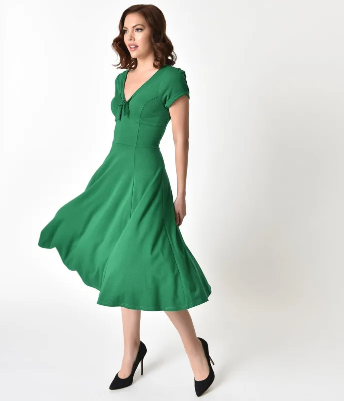 Unique Vintage 1940s Style Green Knit Short Sleeve Natalie Swing Dress made by Unique Vintage