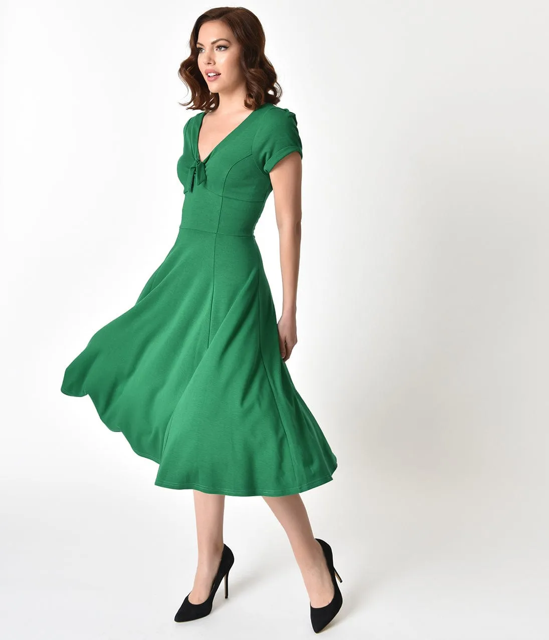 Unique Vintage 1940s Style Green Knit Short Sleeve Natalie Swing Dress sold by Unique Vintage
