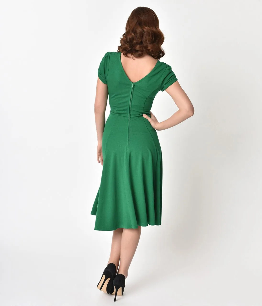 Unique Vintage 1940s Style Green Knit Short Sleeve Natalie Swing Dress sold by Unique Vintage product image thumbnail 2