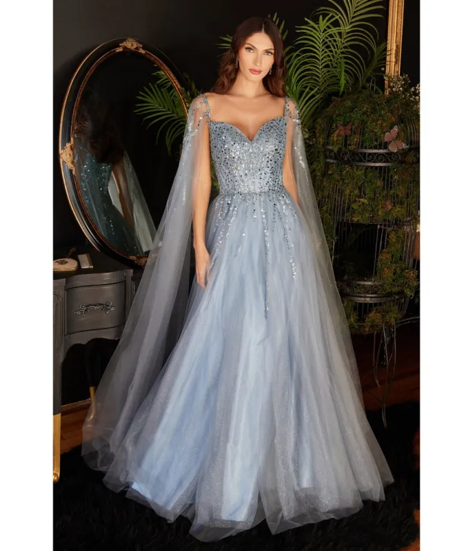 Cinderella Divine  Smoky Blue Sequin Embellished Cape Sleeve Prom Dress sold by Unique Vintage