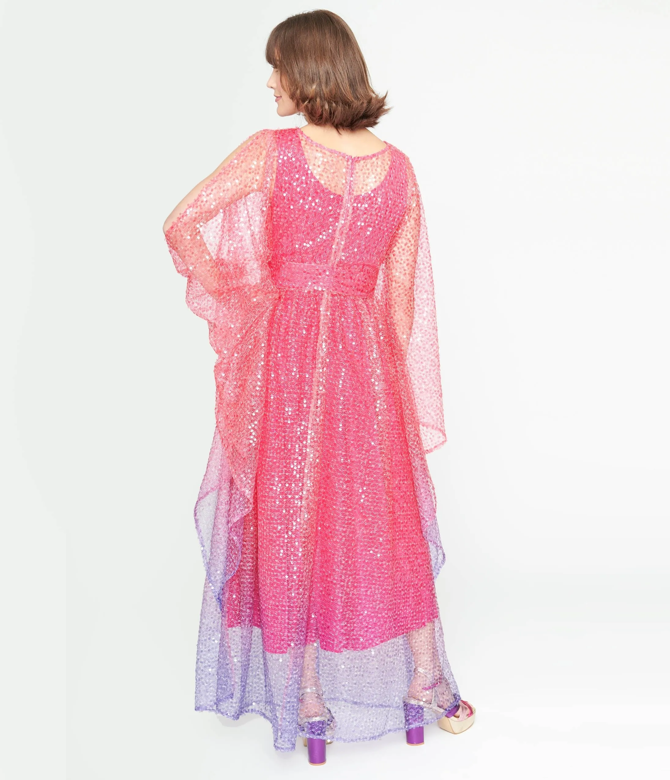 Unique Vintage 1970s Sheer Pink & Purple Ombre Sequin Flutter Sleeve Caftan sold by Unique Vintage product image thumbnail 3