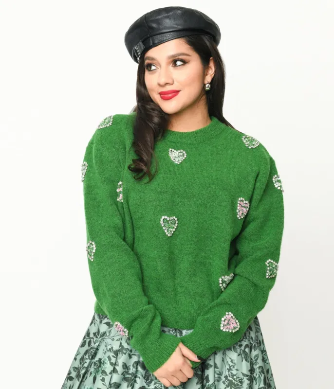 Green Rhinestone Hearts Embellished Pullover Sweater sold by Unique Vintage