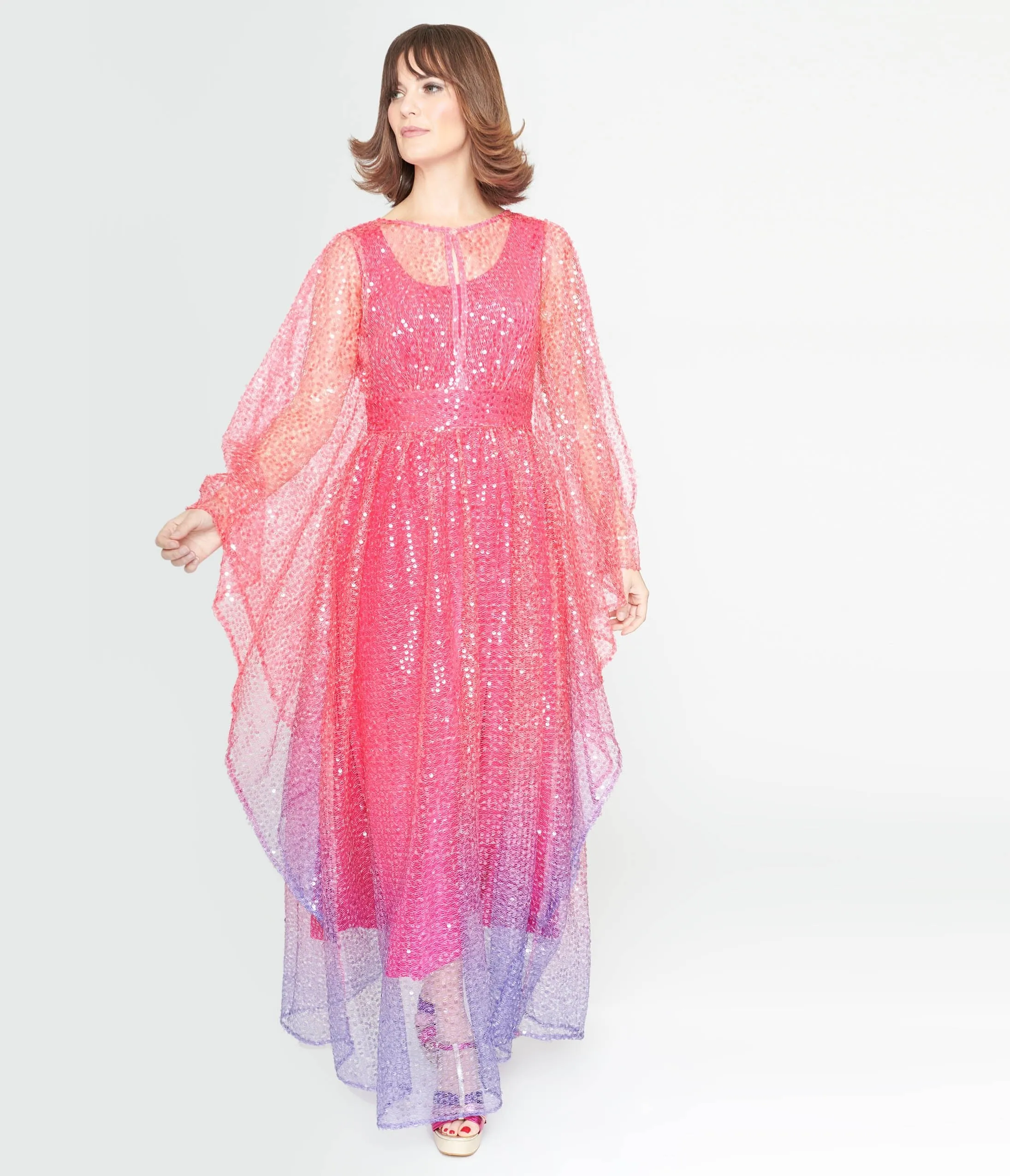 Unique Vintage 1970s Sheer Pink & Purple Ombre Sequin Flutter Sleeve Caftan sold by Unique Vintage product image thumbnail 2