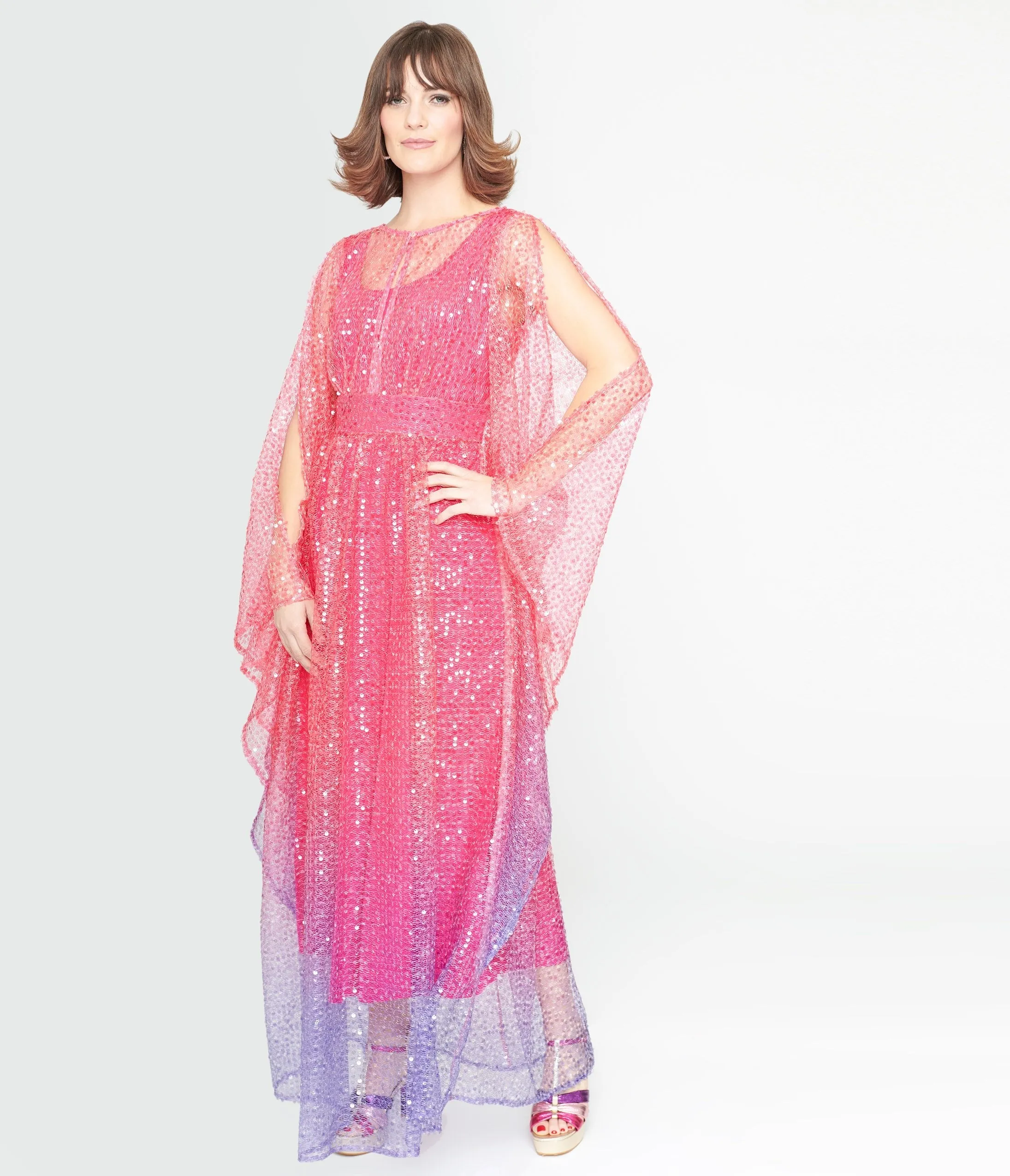Unique Vintage 1970s Sheer Pink & Purple Ombre Sequin Flutter Sleeve Caftan sold by Unique Vintage