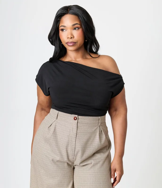 Plus Size Black Off The Shoulder Ruched Top made by Unique Vintage