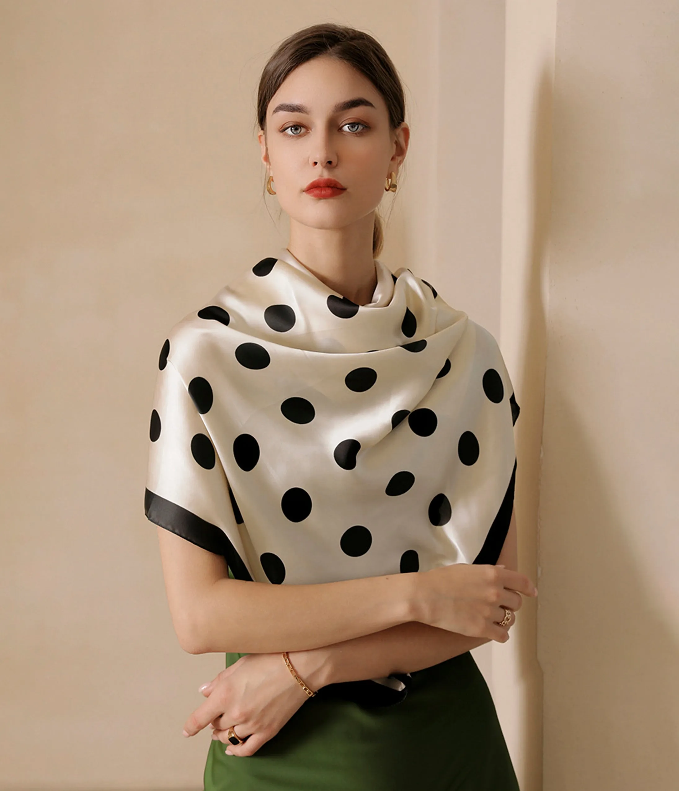 Beige & Black Polka Dot Silk Scarf sold by Unique Vintage product image thumbnail 3