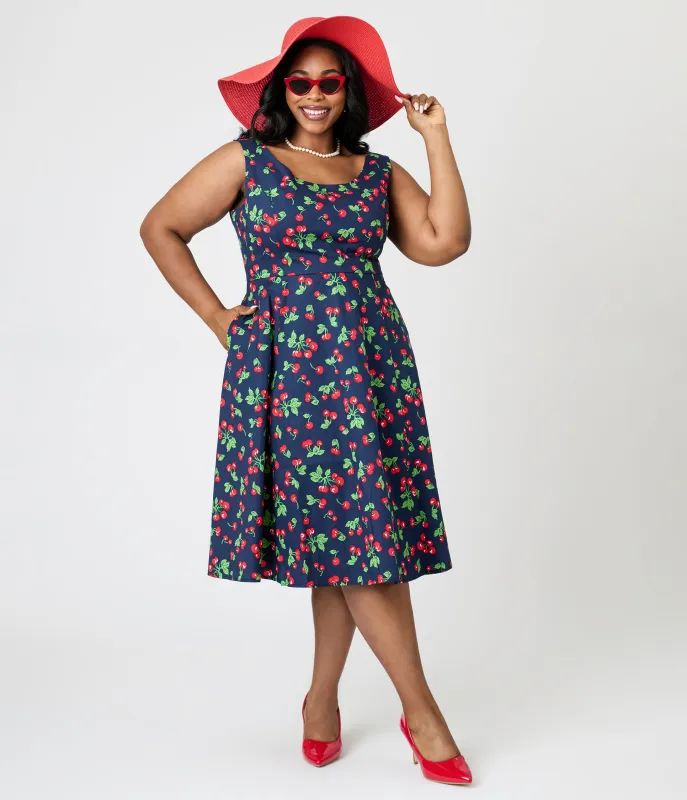 Royal Monk Plus Size Navy Cherry Heart Nora Swing Dress sold by Unique Vintage