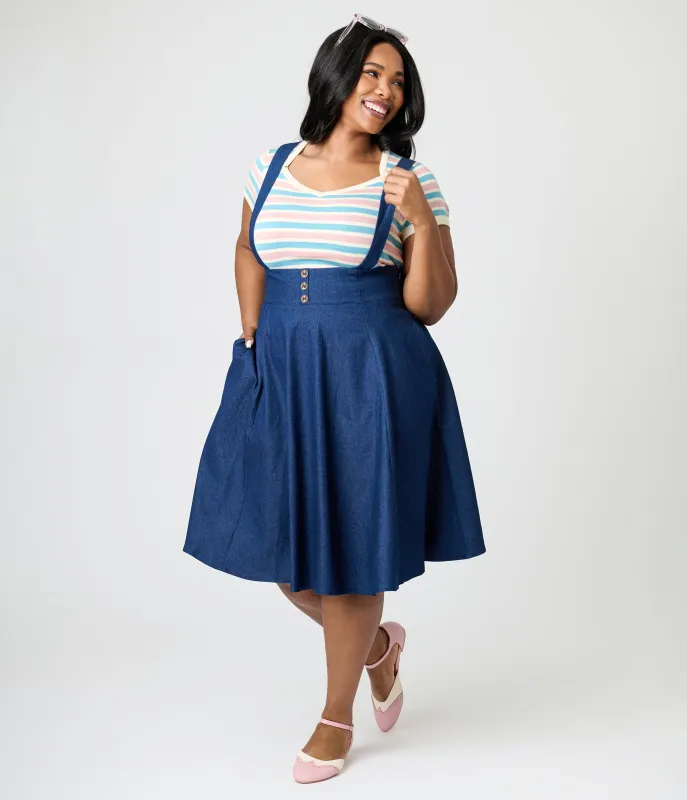 Royal Monk Plus Size Dark Blue Denim Dottie Swing Skirt sold by Unique Vintage