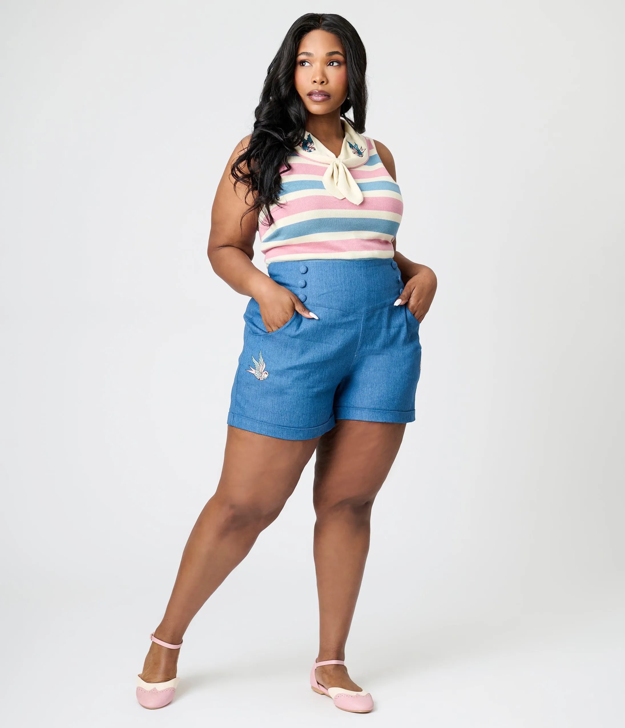 Royal Monk Plus Size Denim Blue Swallows Millie Shorts sold by Unique Vintage