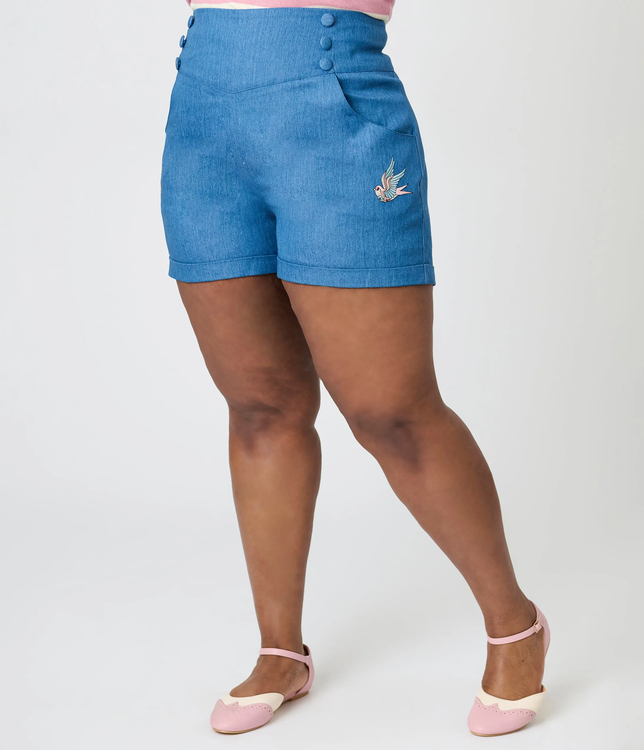 Royal Monk Plus Size Denim Blue Swallows Millie Shorts sold by Unique Vintage product image thumbnail 3