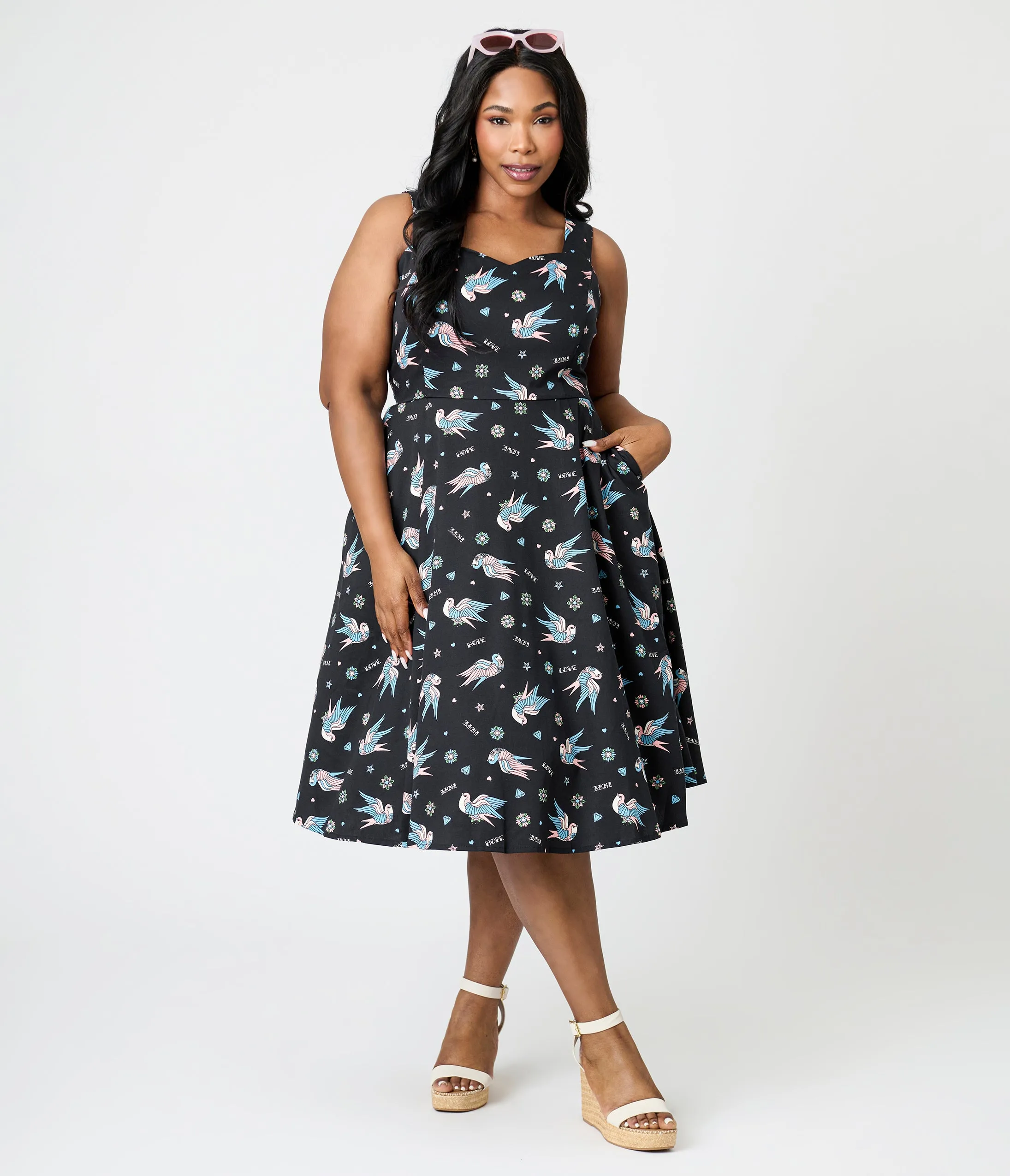 Royal Monk Plus Size Black & Blue Swallow Print Marilou Swing Dress sold by Unique Vintage product image thumbnail 4