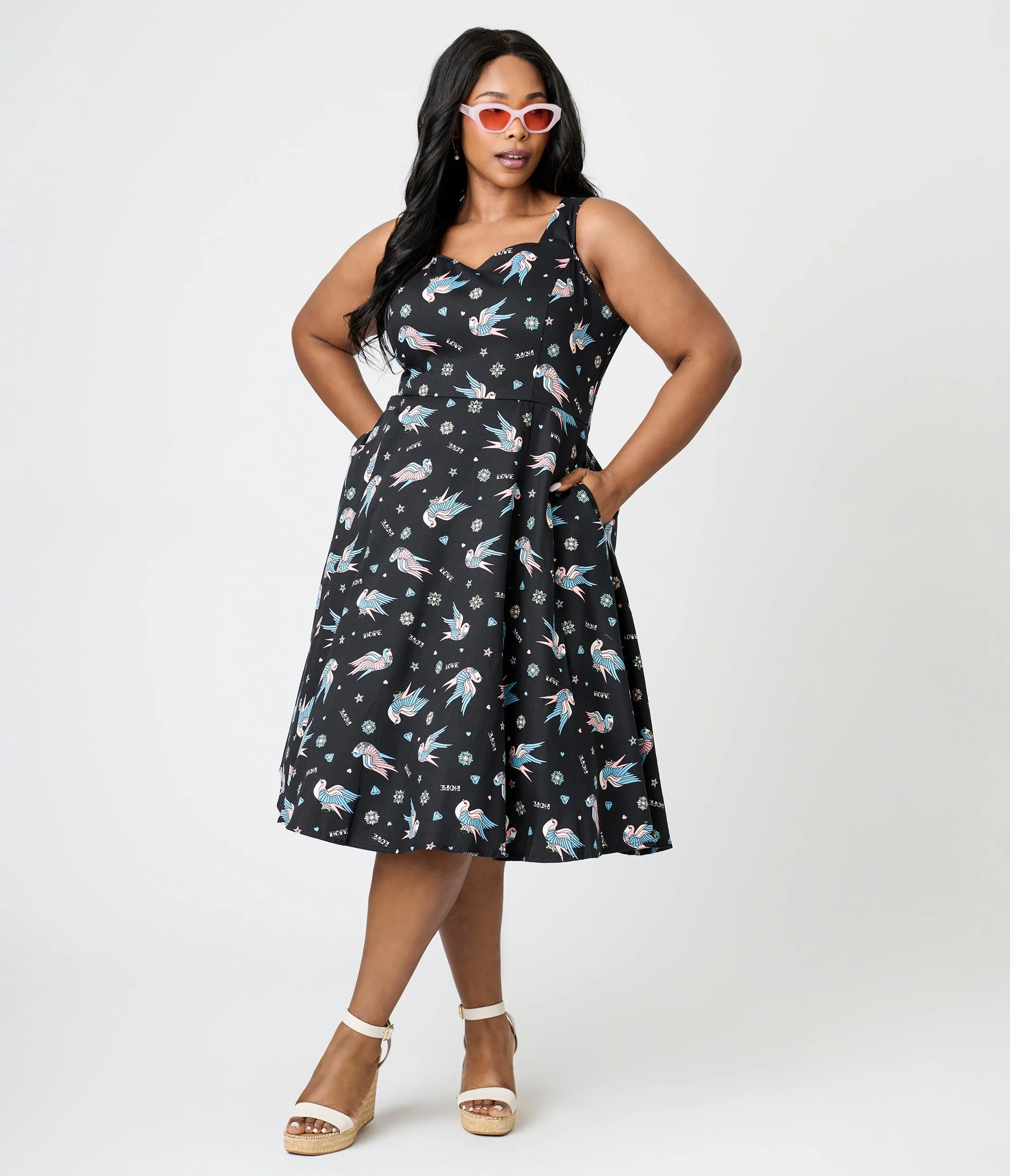 Royal Monk Plus Size Black & Blue Swallow Print Marilou Swing Dress sold by Unique Vintage