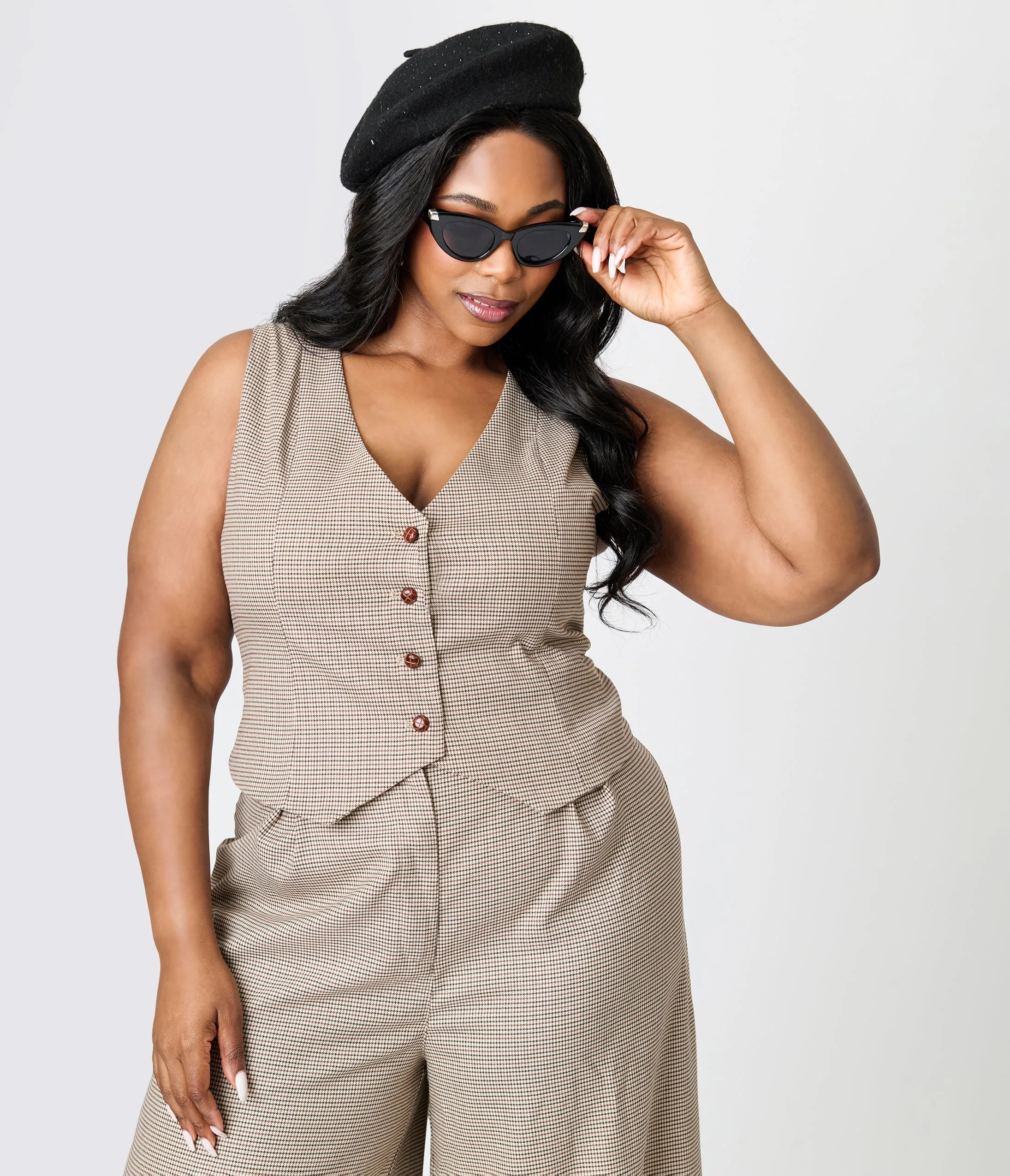 Royal Monk Plus Size Brown Houndstooth Hallie Vest sold by Unique Vintage