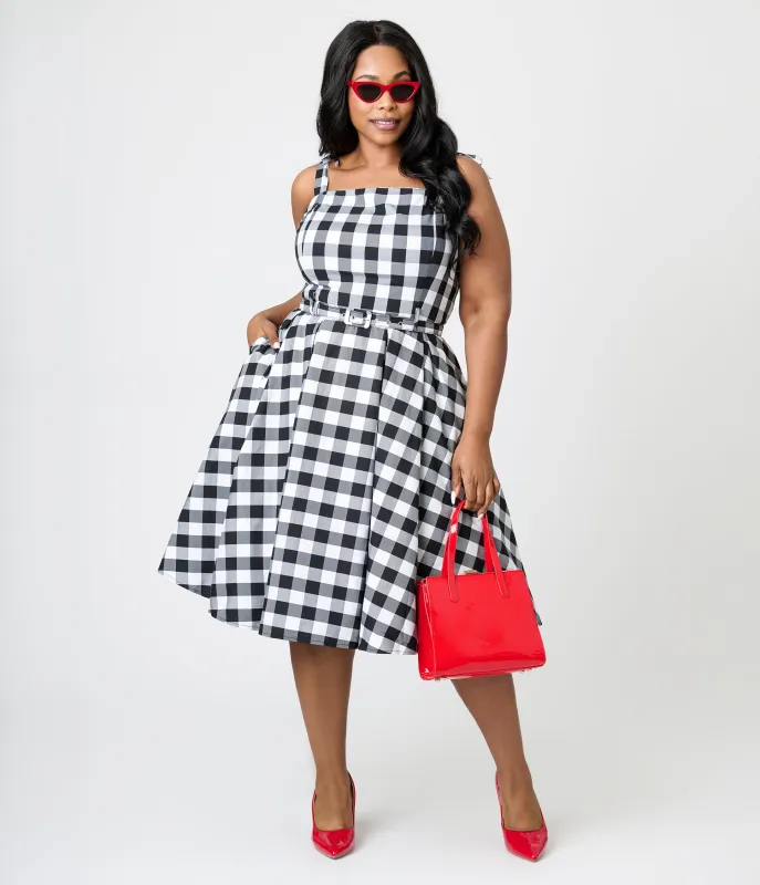 Royal Monk Plus Size Black & White Gingham June Swing Dress sold by Unique Vintage