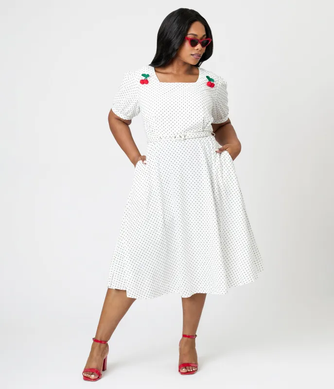 Royal Monk Plus Size White & Black Polka Dot Cherry Danny Sweet Spot Midi Dress sold by Unique Vintage