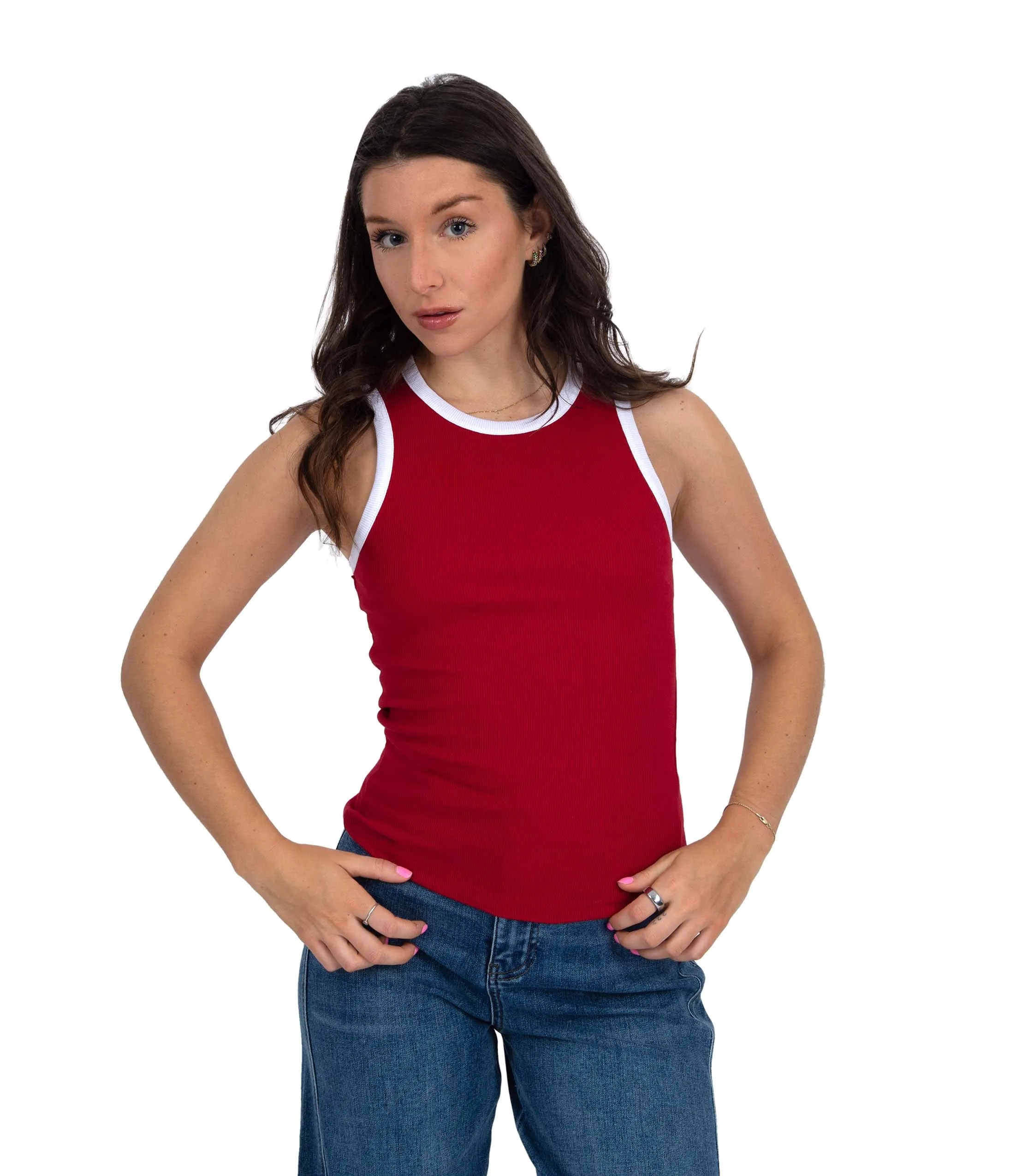 Red & White Maria Crew Neck Muscle Tank Top sold by Unique Vintage